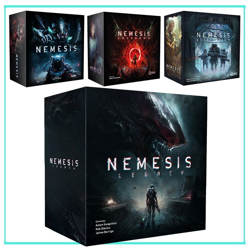 Official product artwork showing Nemesis, Nemesis Lockdown and Nemesis Retaliation boxes above the larger Nemesis Legacy box.