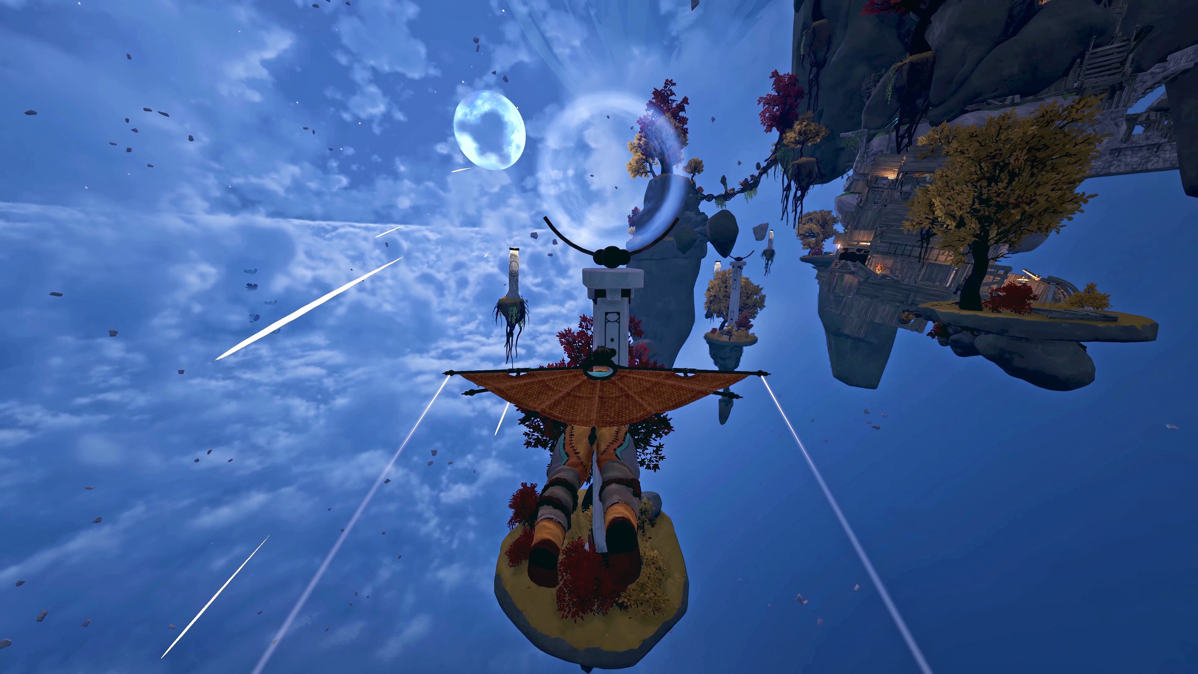 A character glides beneath floating islands at night with a bright moon and streaks of light overhead.