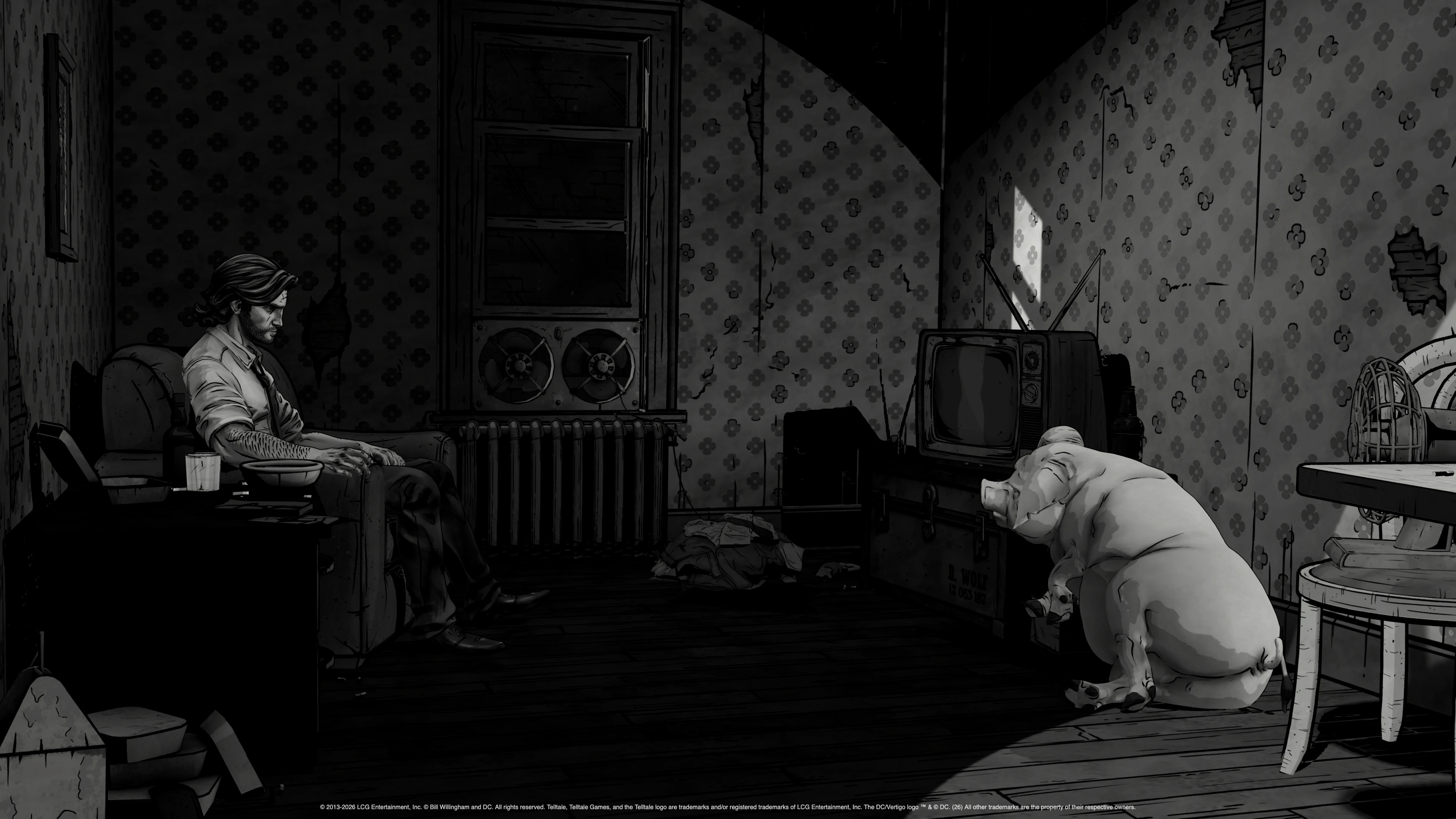 Bigby sits in an apartment while another character bends forward in a black-and-white Noir Mode press screenshot.