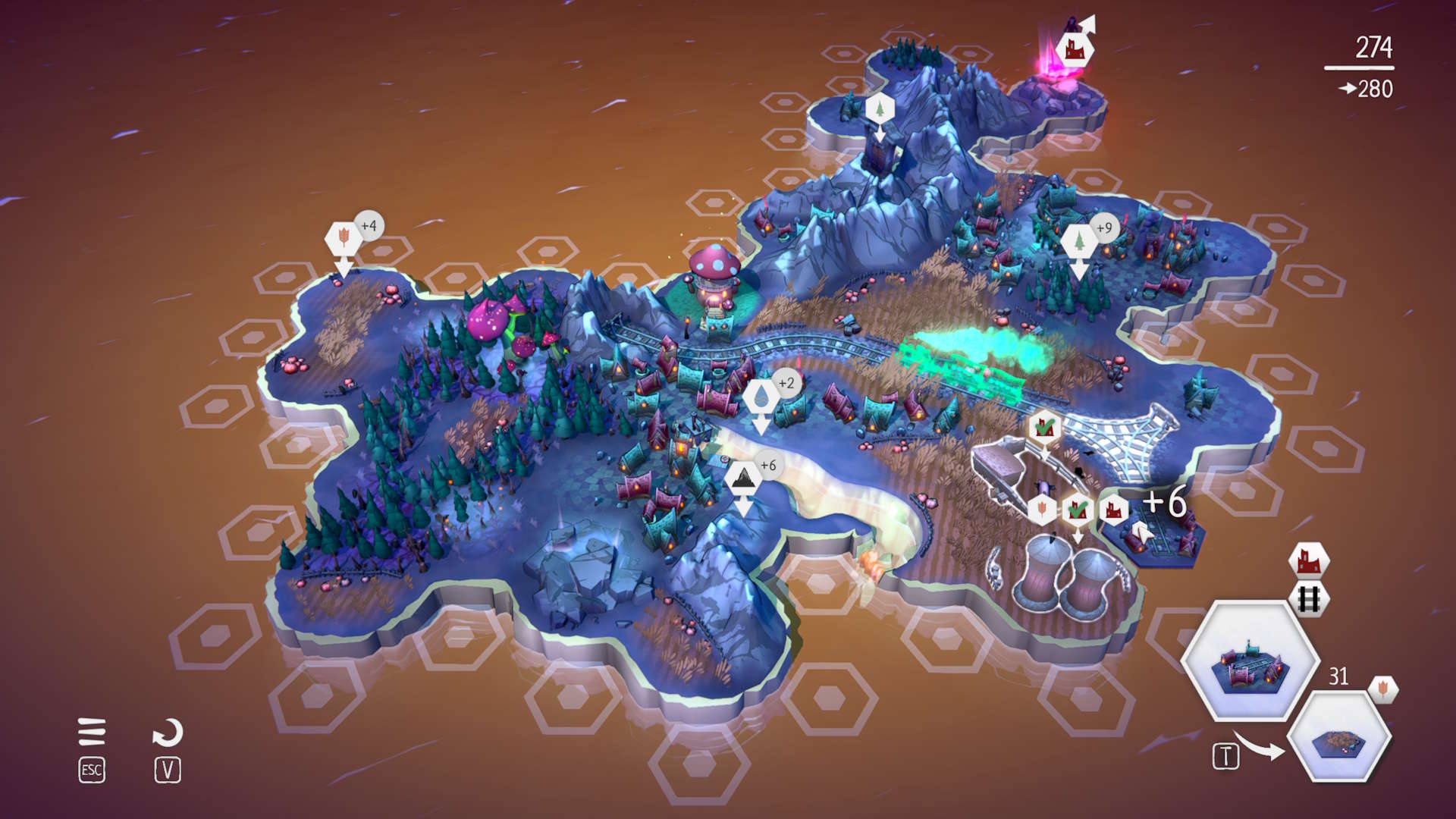 A green ghost train crosses a landscape of hexagonal forests, fields and mountains with several objective symbols.