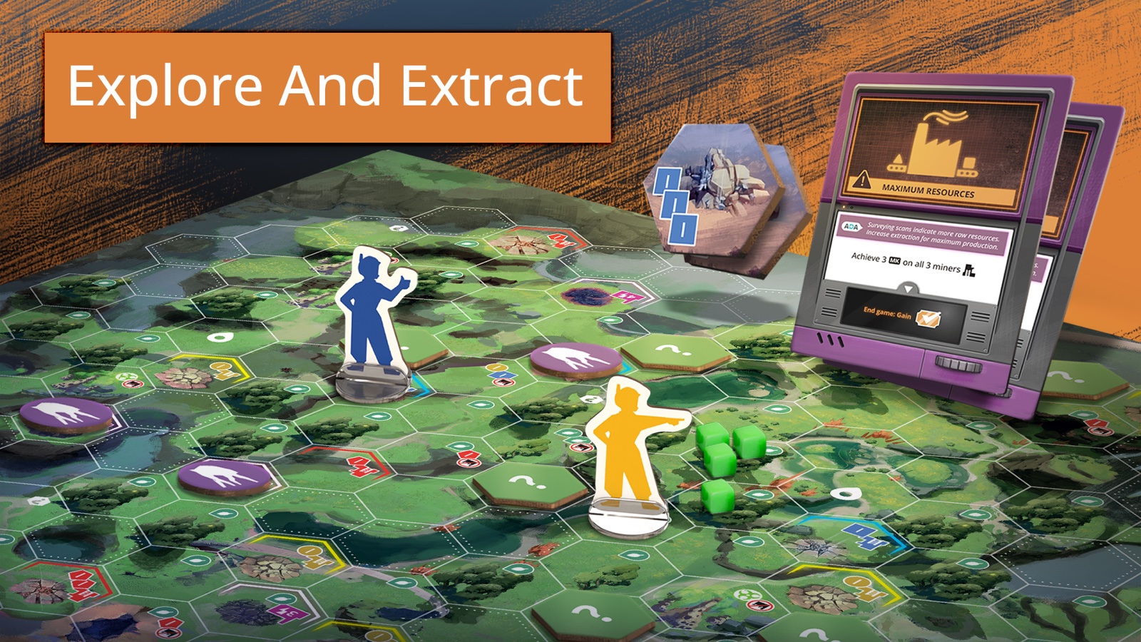 Official promotional render of Satisfactory's hex terrain board, Pioneer standees, resource cubes and cards.