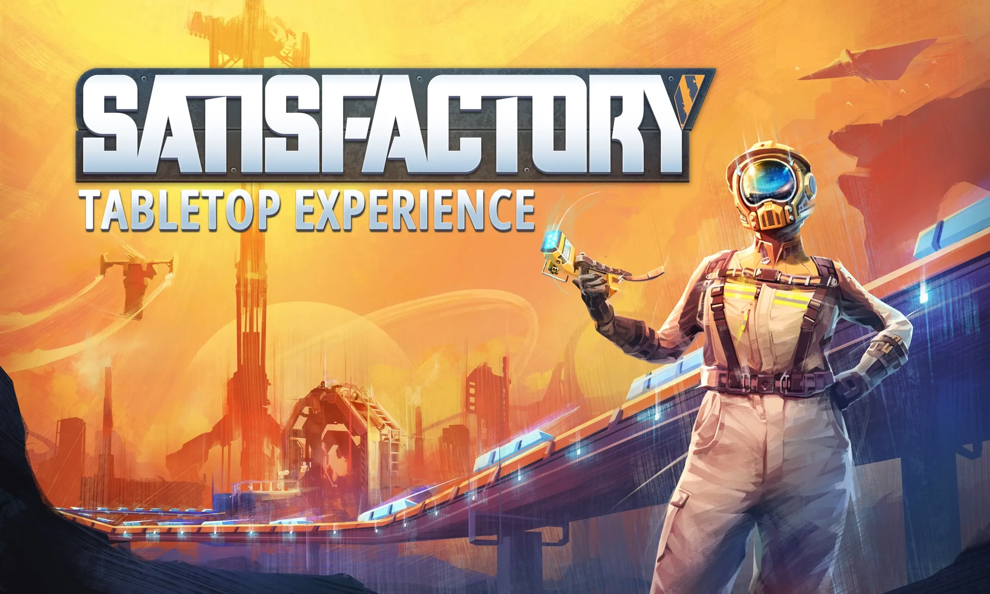 Official Satisfactory Tabletop Experience artwork with orange factories and a Pioneer.