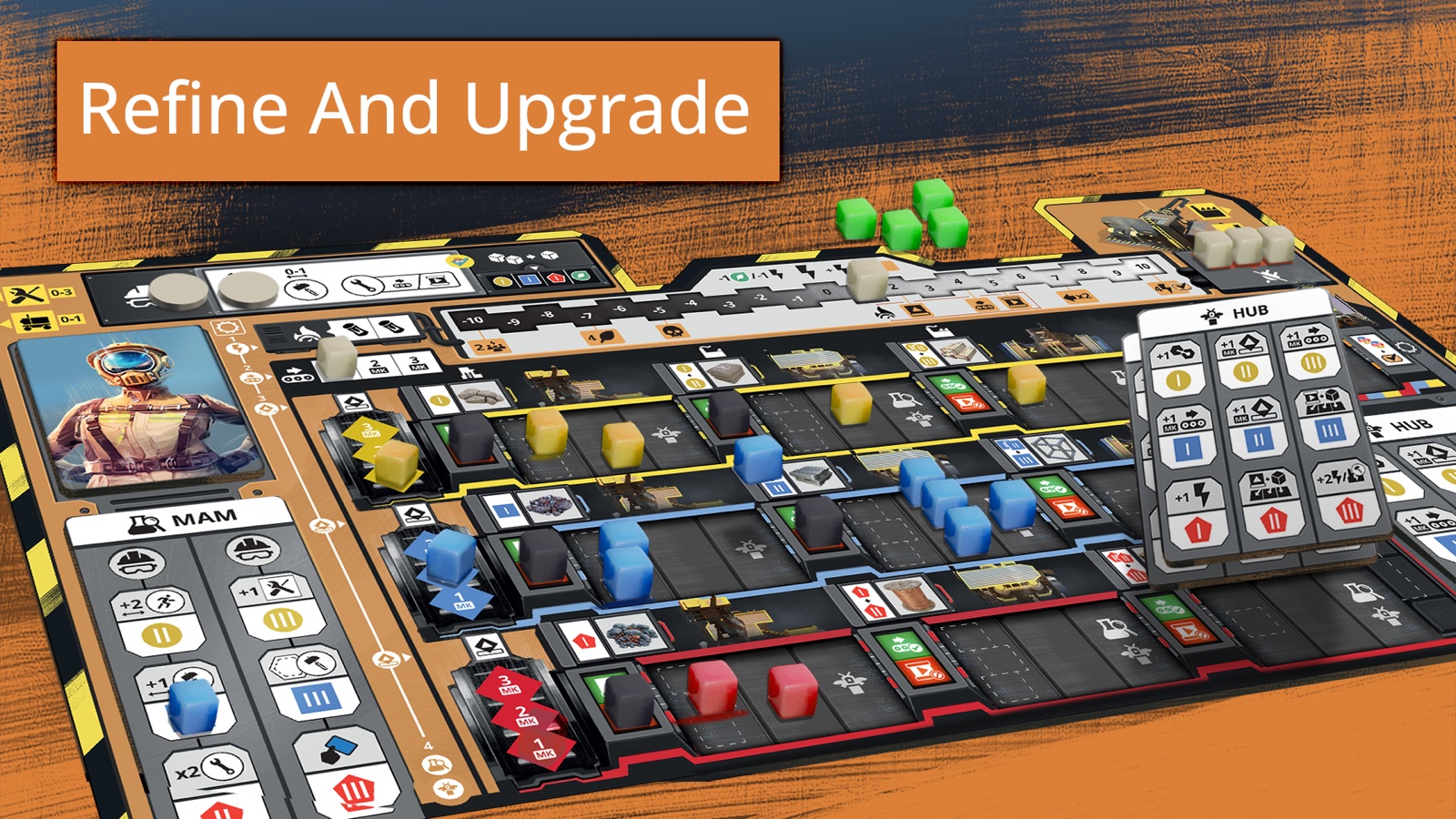 Official early promotional render of a Satisfactory production playerboard with coloured cubes and a HUB card.