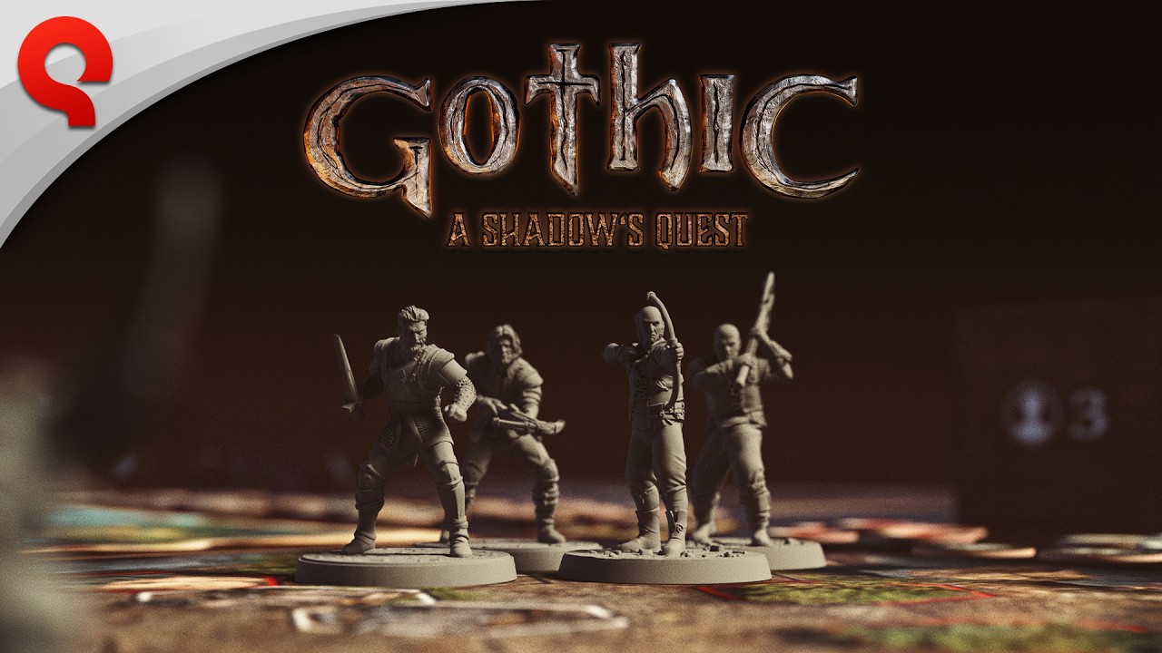 Official Gothic: A Shadow's Quest trailer preview showing four unpainted adventurer miniatures on a game board.