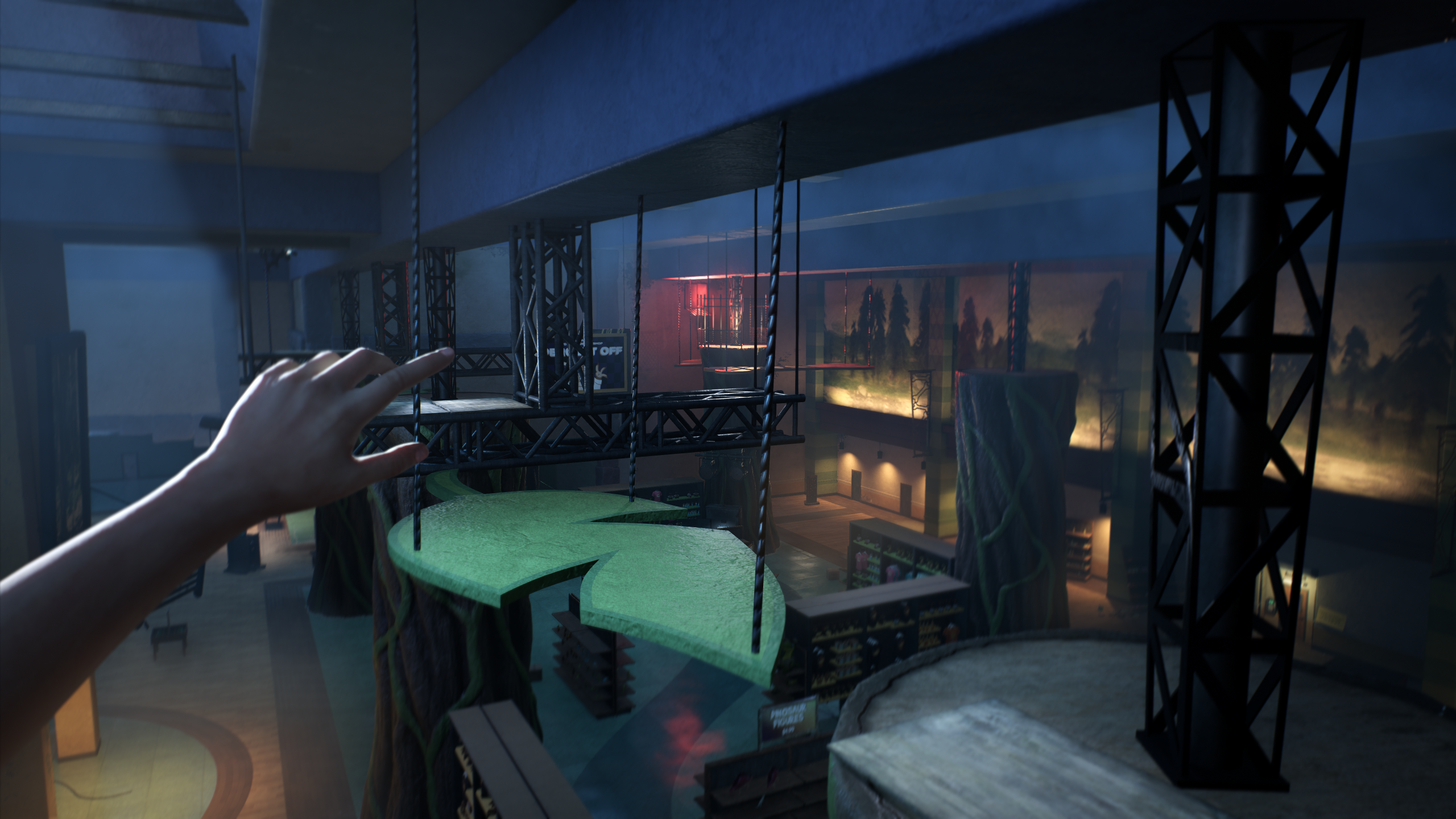 A first-person hand reaches toward suspended green platforms above the interior of Dalton's Dinos.