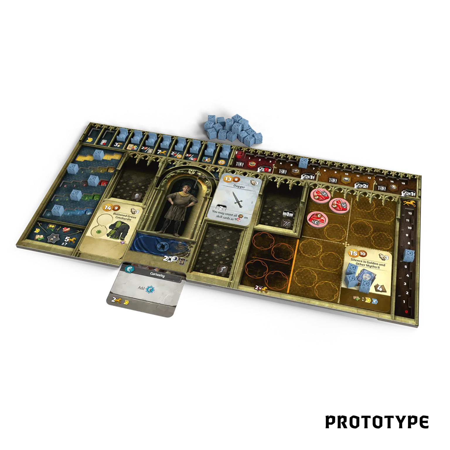 Official CGE component render showing a Kingdom Come: Deliverance - The Board Game player board and prototype components.