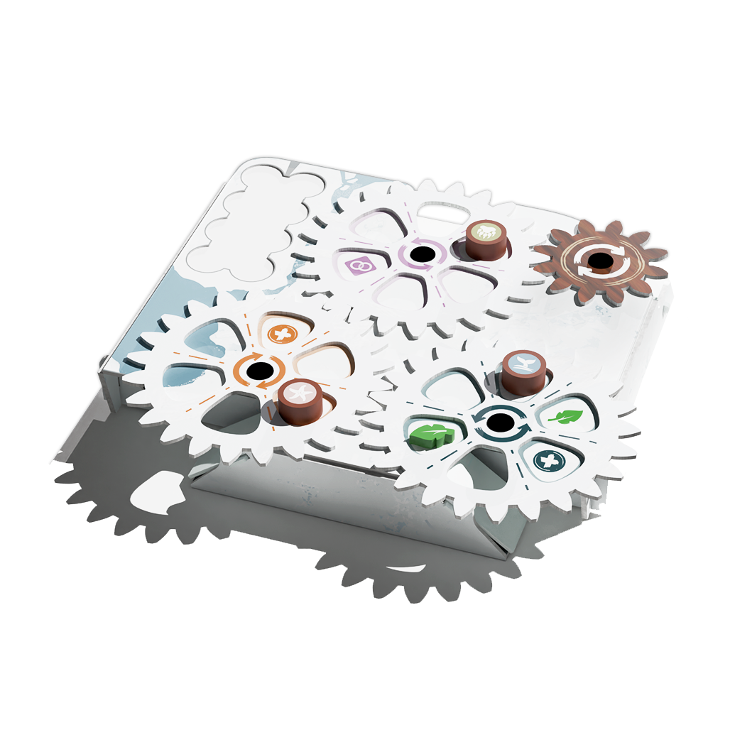 Official ARCTICA player-board image showing the game's gear-spinning generation wheels.