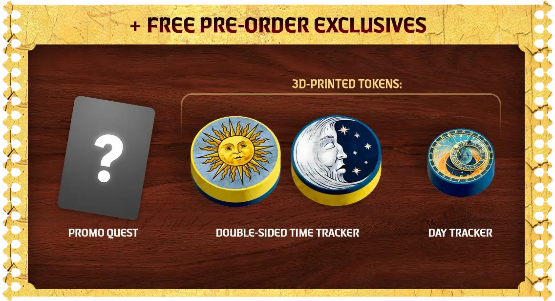 Official CGE visual showing first-wave preorder exclusive content for Kingdom Come: Deliverance - The Board Game.