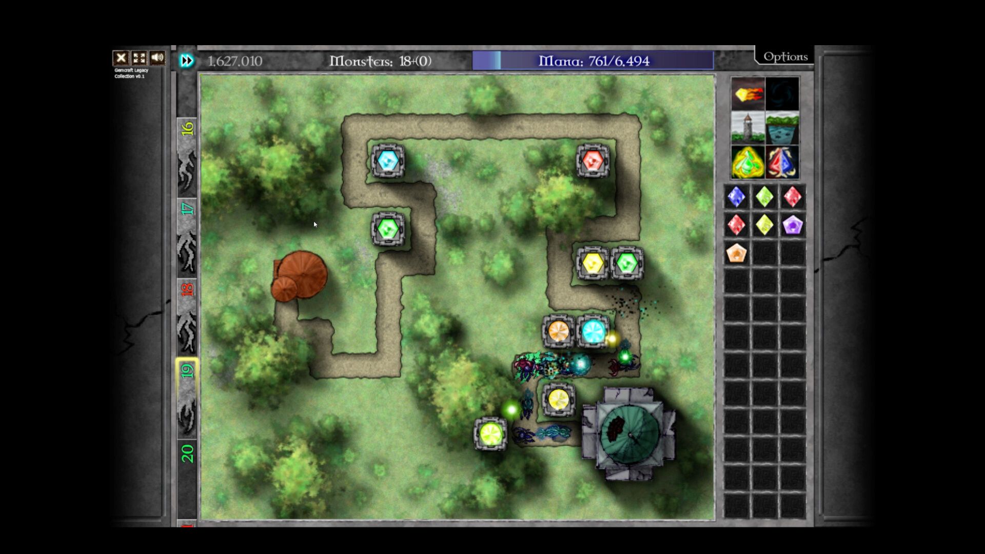 Colored gem towers defend a winding grassy path beside a gem inventory.