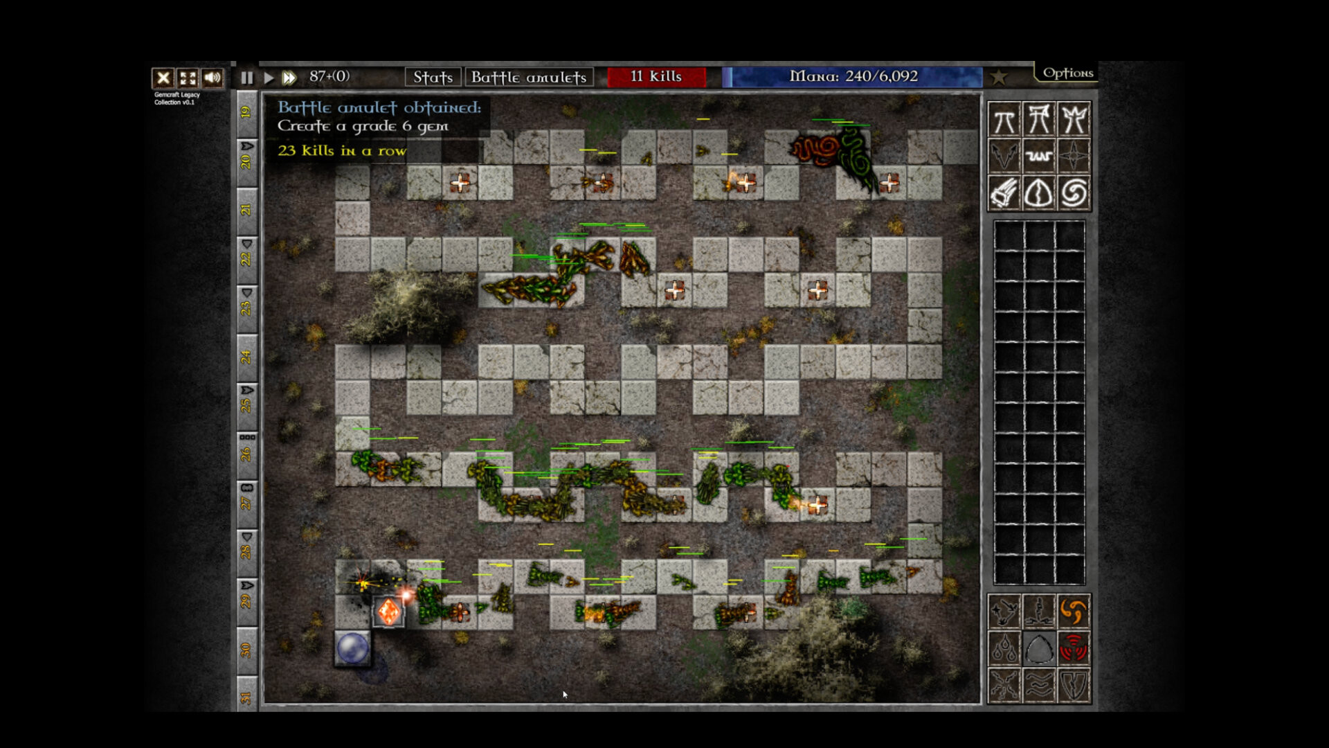 Enemies cross a tiled battlefield beneath a battle-amulet notification.