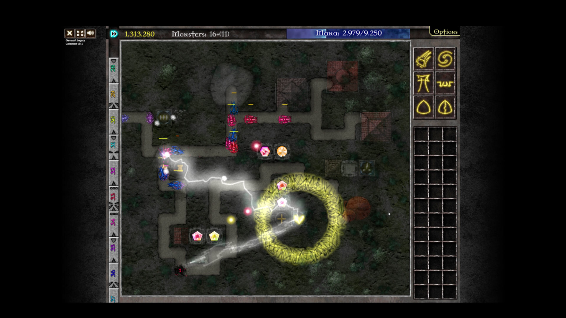 Lightning and colored gem attacks cover a dark winding battlefield.