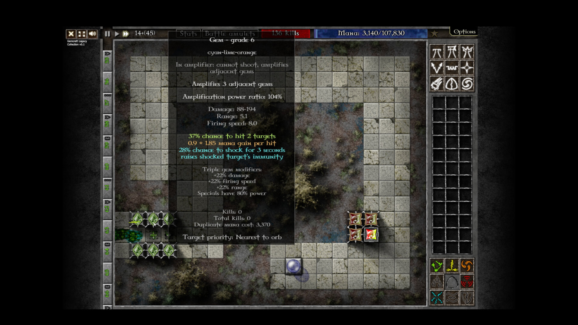 A large gem-stat tooltip overlays a tiled maze and groups of gems.
