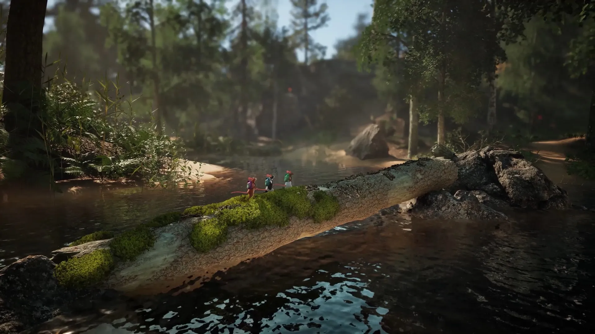 Three mice cross a moss-covered fallen tree above a forest stream.