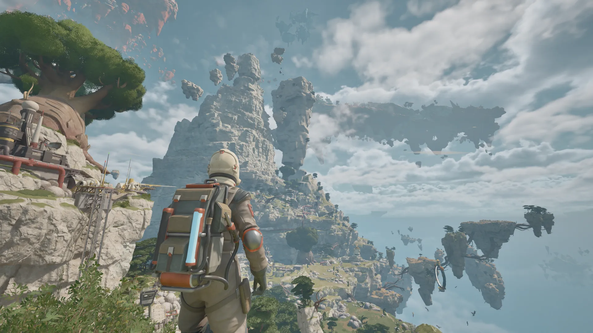A suited character overlooks floating rocky islands and colony buildings.