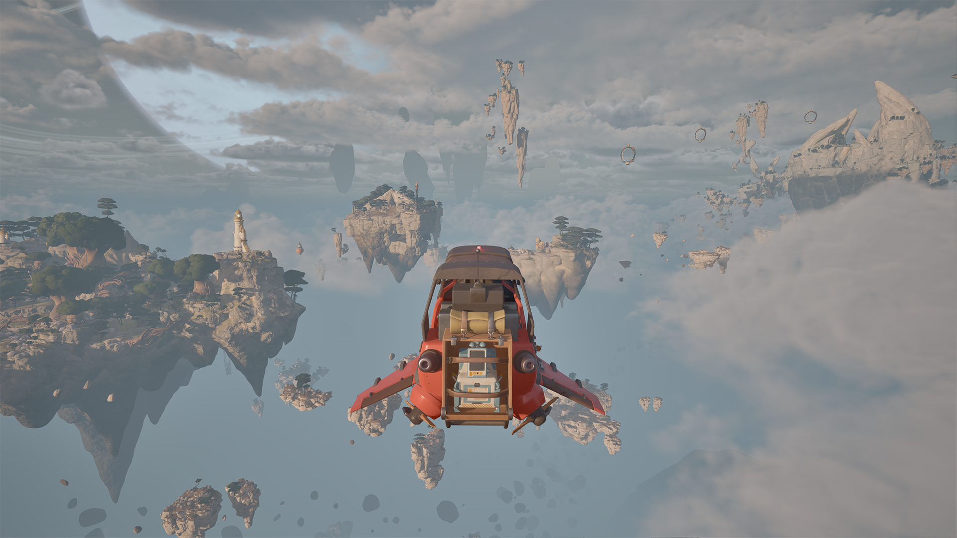A red flying craft seen from behind between floating islands.