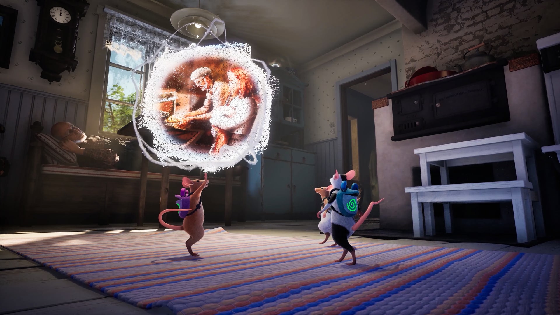 Mice with frog backpacks face a glowing magical sphere inside a cottage.