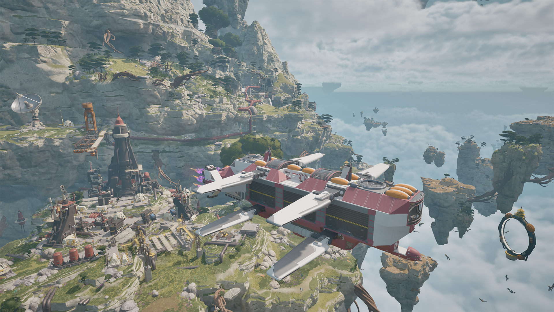 A red-and-white airship flies beside a settlement on a floating cliff.