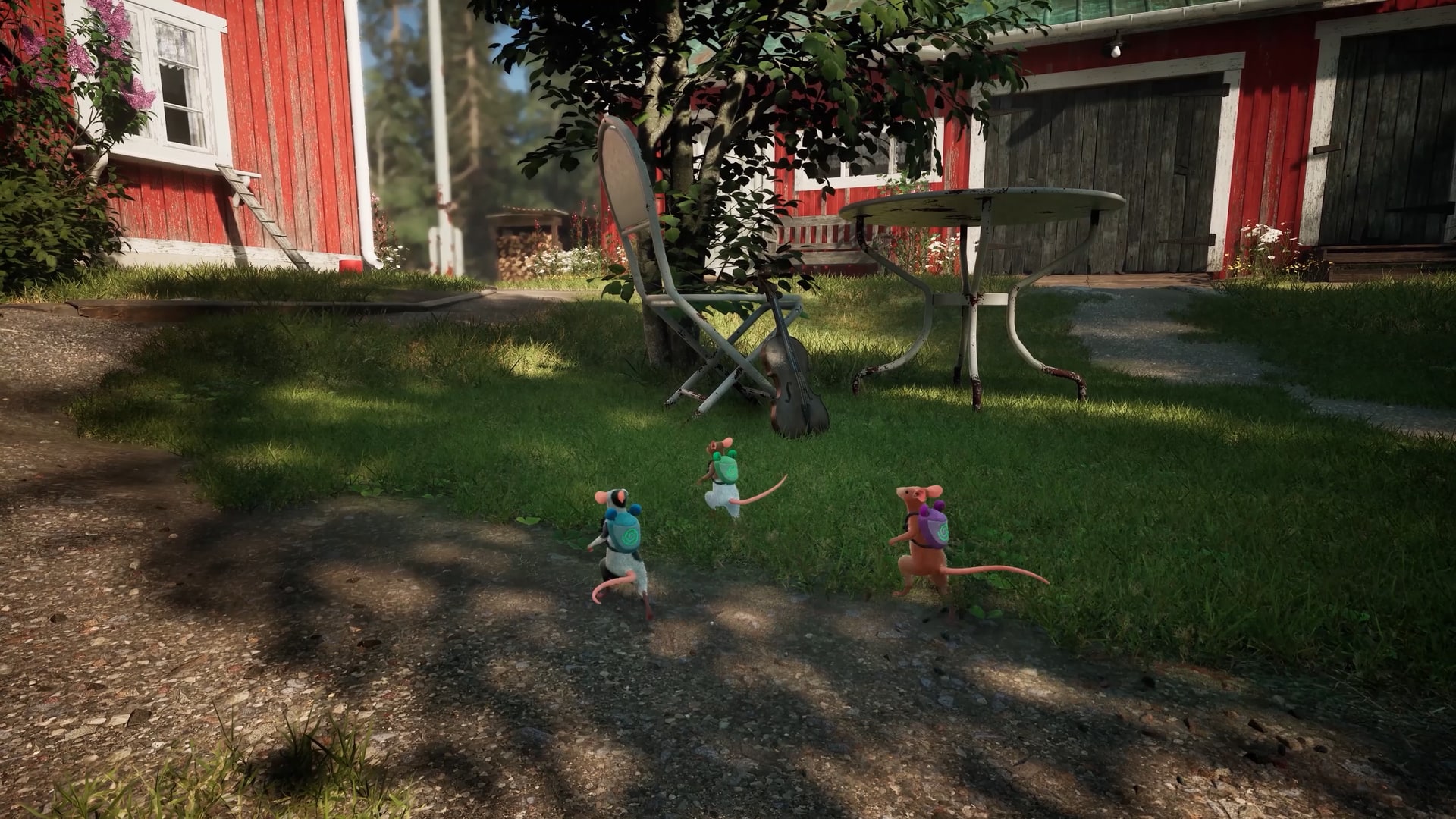 Three mice run through grass beside garden furniture and a red wooden house.
