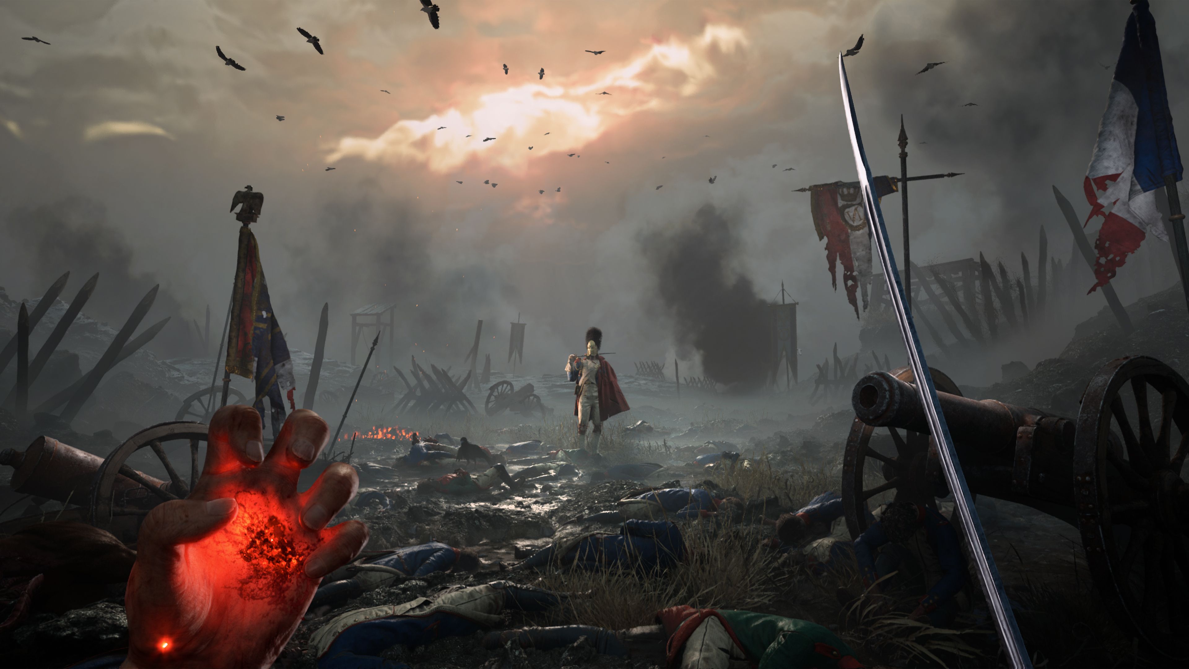 A soldier stands across a smoky battlefield, with a glowing hand, sword and cannon in the foreground.