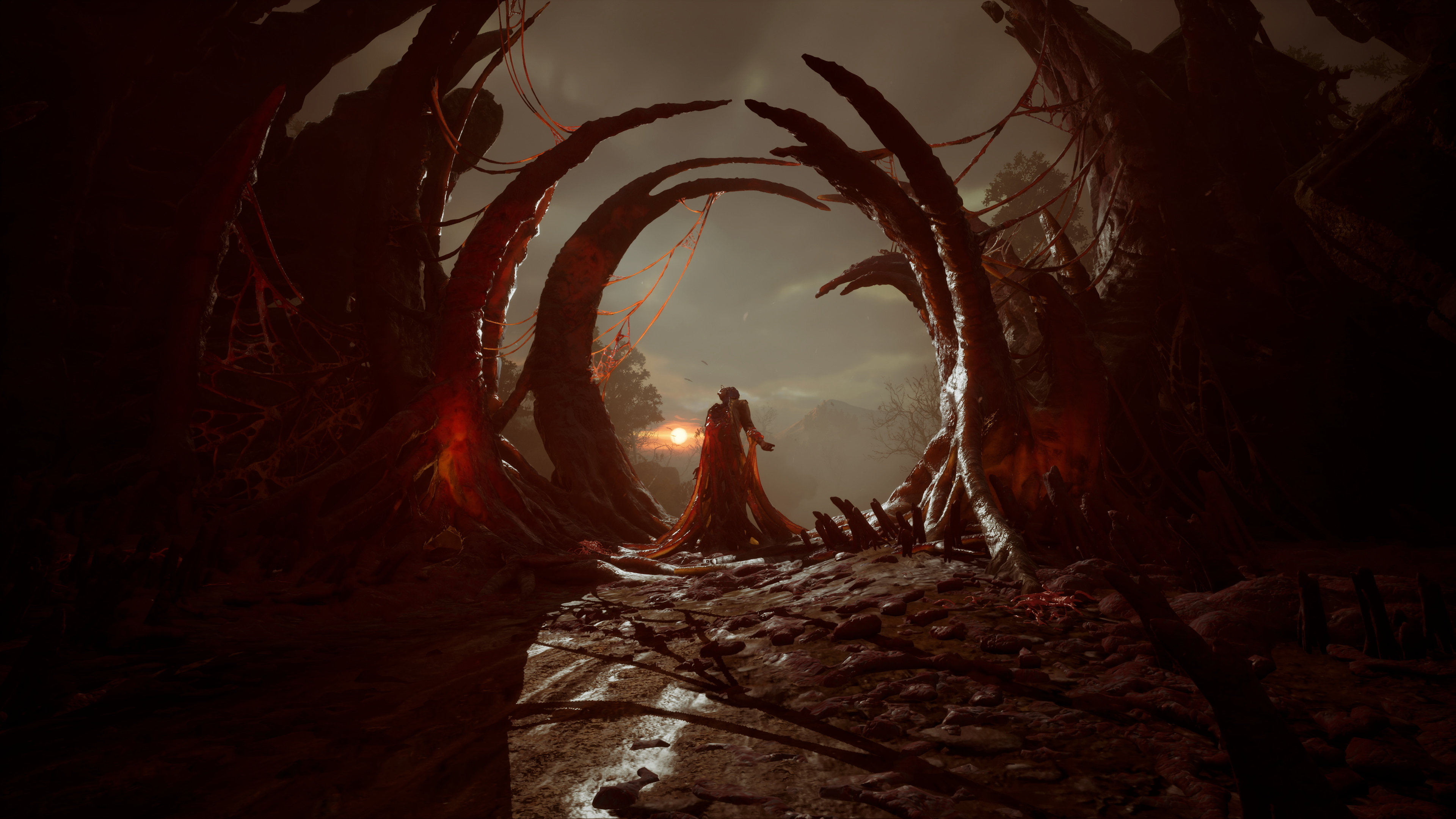 A robed figure stands between enormous rib-like arches against a low sunset.