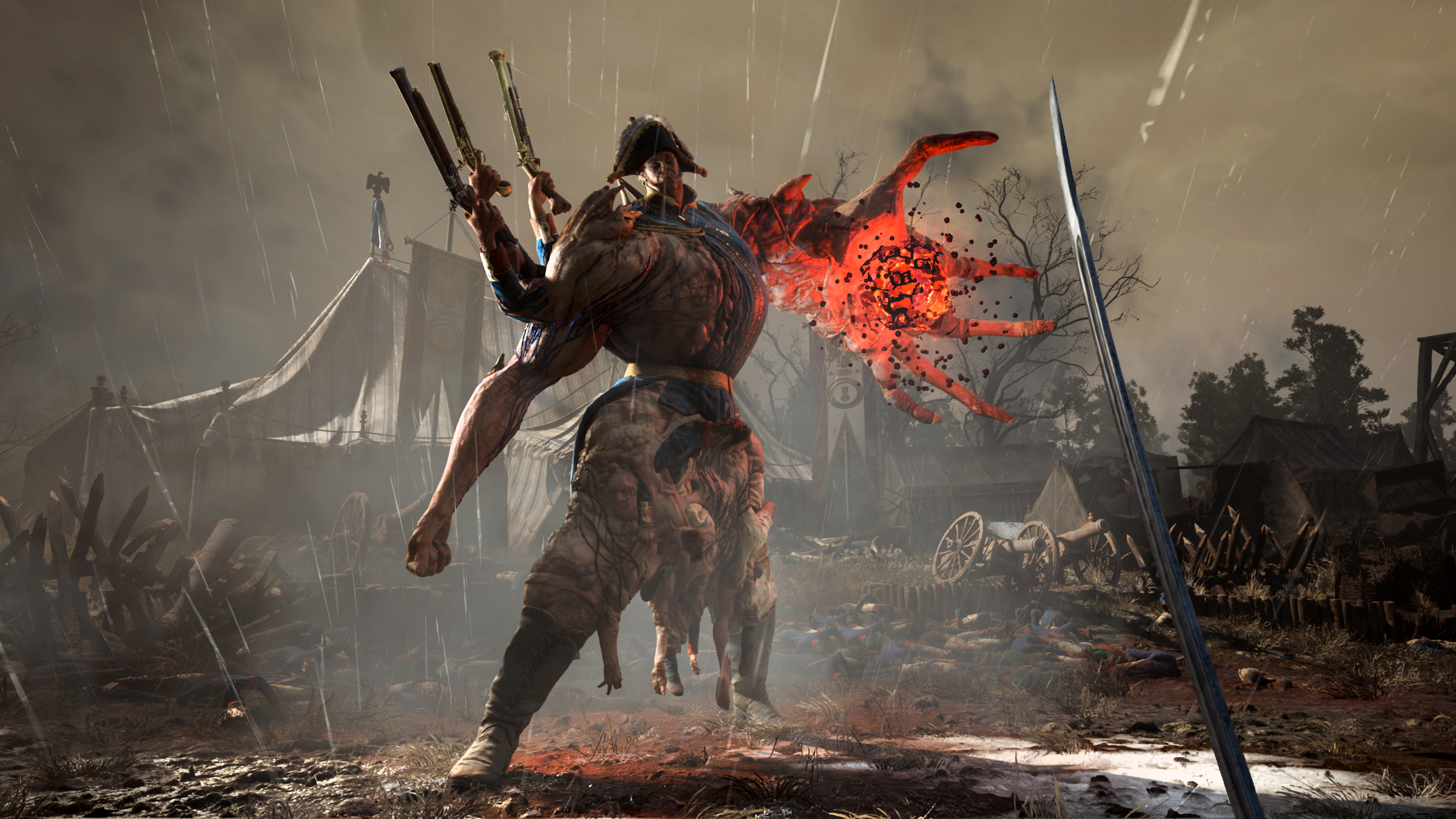 A many-armed soldier raises pistols and a glowing red hand opposite the player's sword.