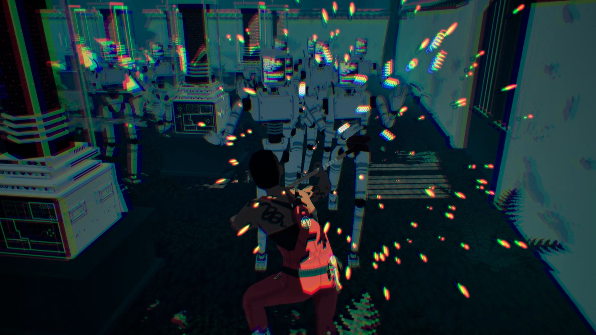 A hammer-wielding character faces a crowd of androids amid coloured visual effects.