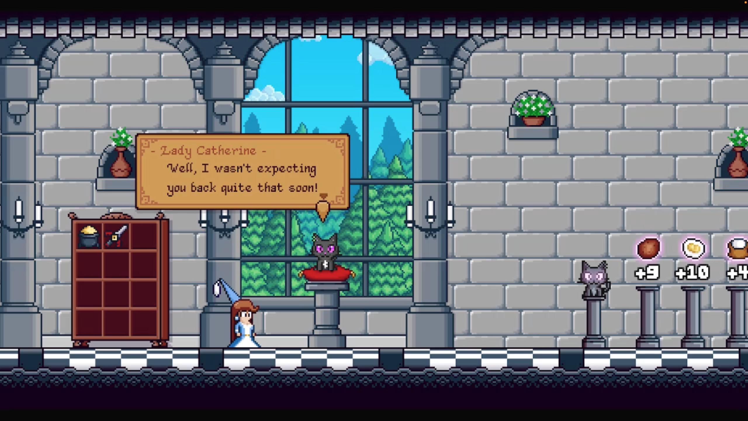 Lady Catherine, a black cat on a cushion, speaks to the princess in a stone hall.