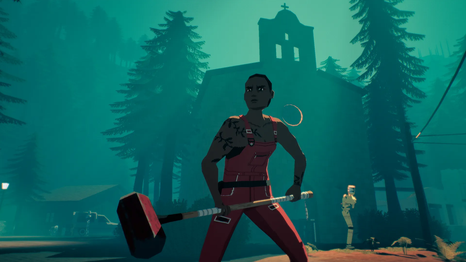 A character holds a sledgehammer in front of a church in green light.
