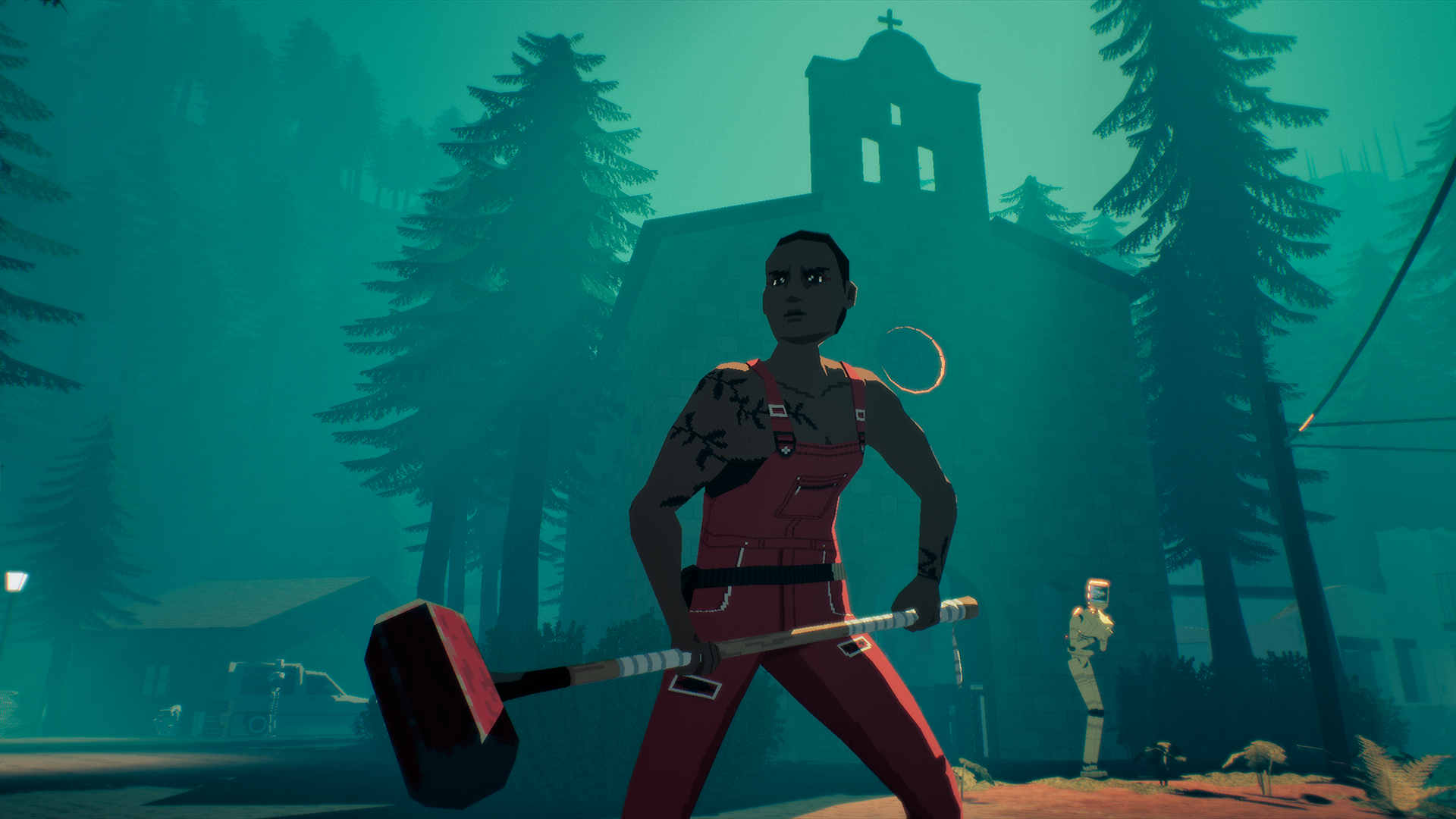 A character holds a sledgehammer in front of a church in green light.