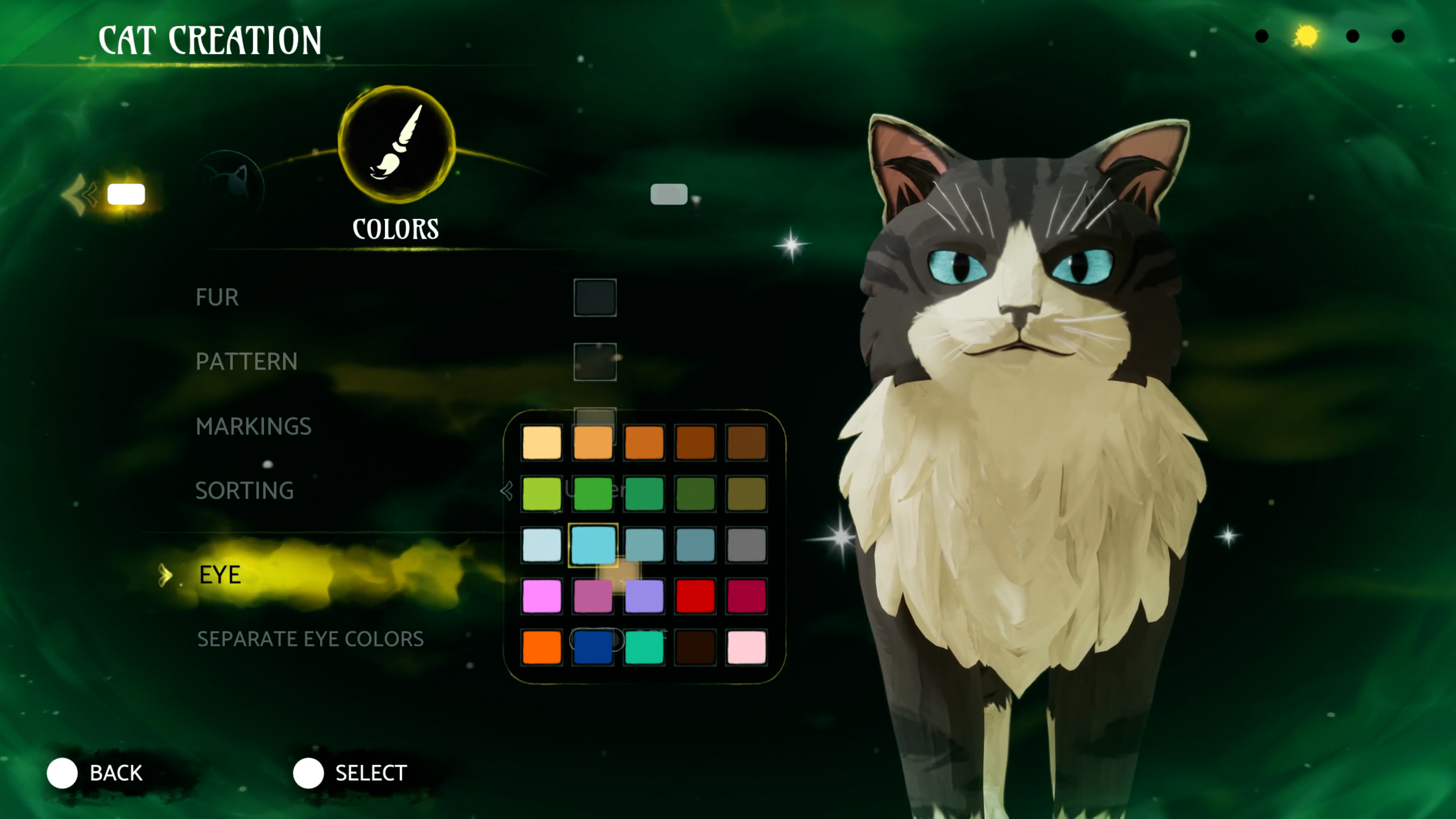 Cat creation screen with eye-colour choices and controller prompts.