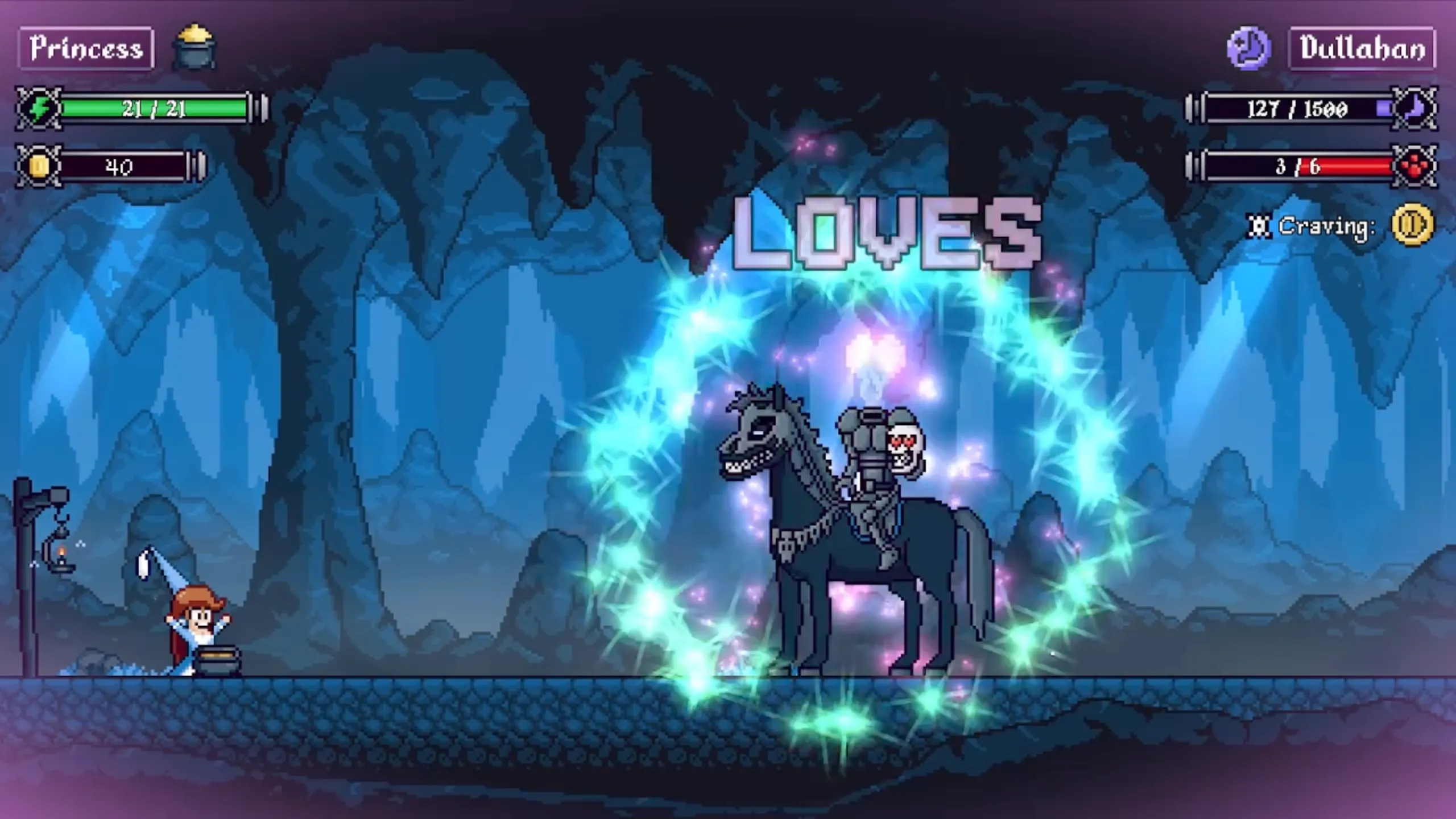 A princess faces the mounted Dullahan in a blue cave as a food-preference effect appears.