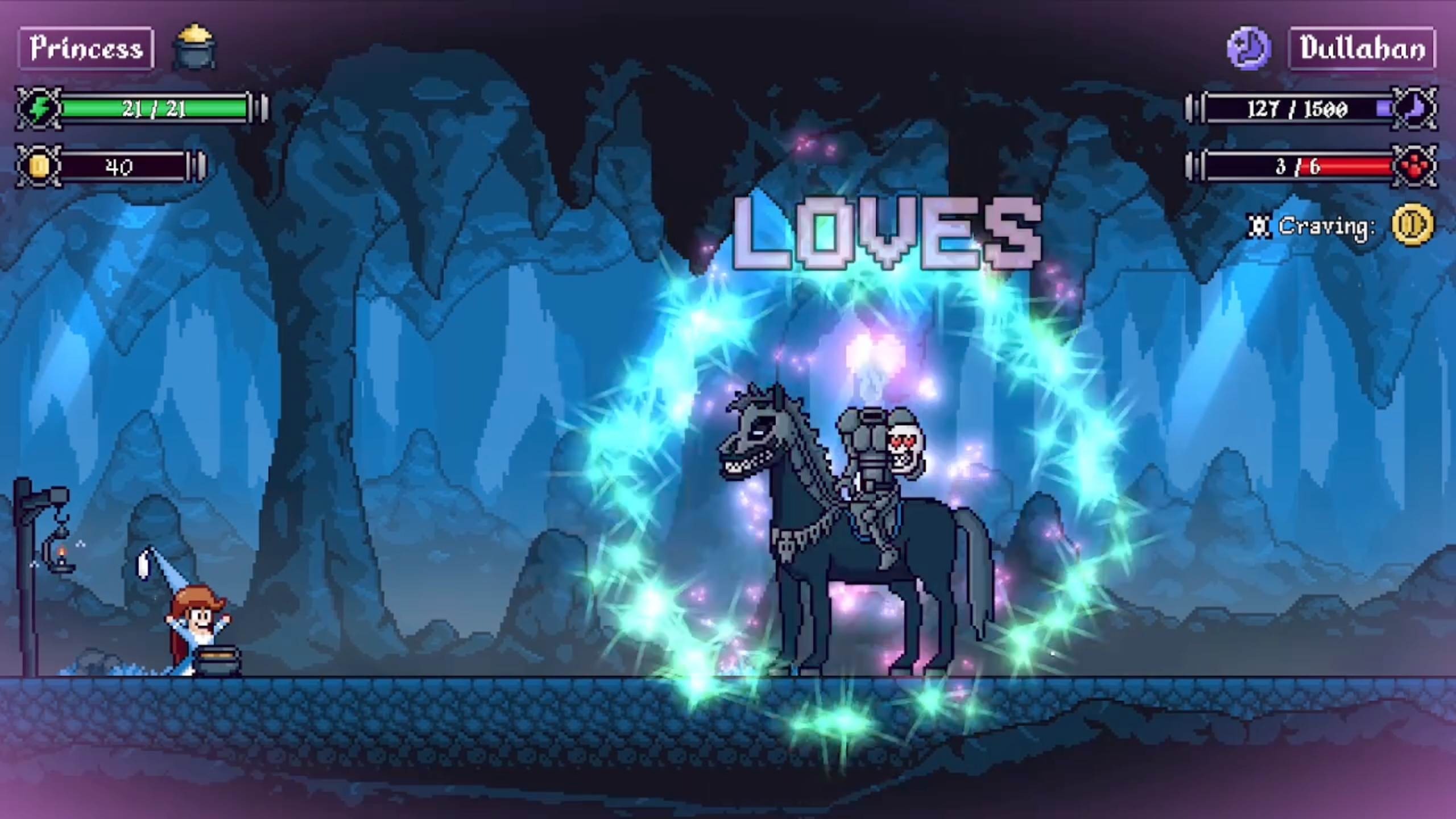 A princess faces the mounted Dullahan in a blue cave as a food-preference effect appears.