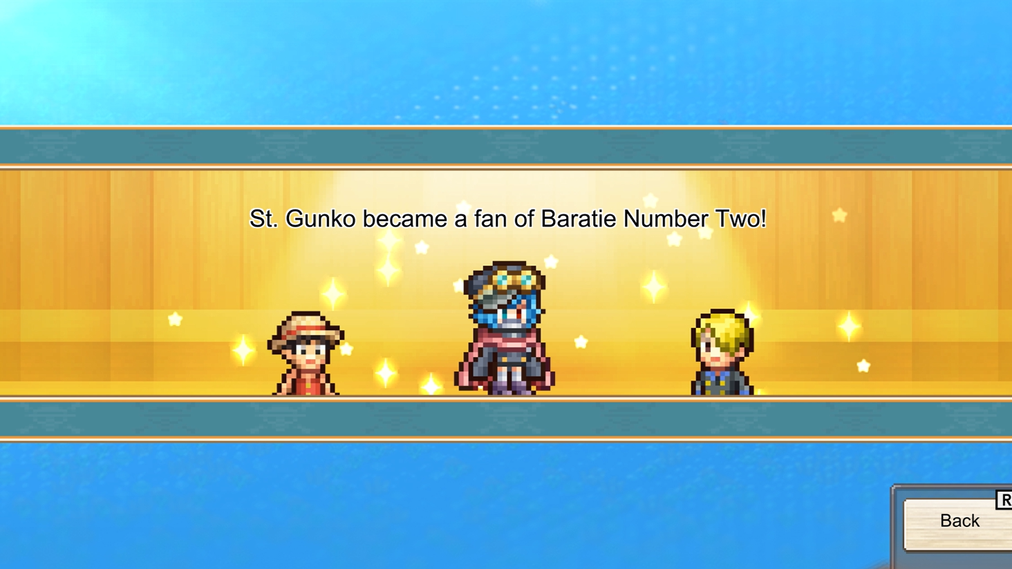 Pixel-art Luffy and Sanji flank a character as a message announces a new fan of Baratie Number Two.
