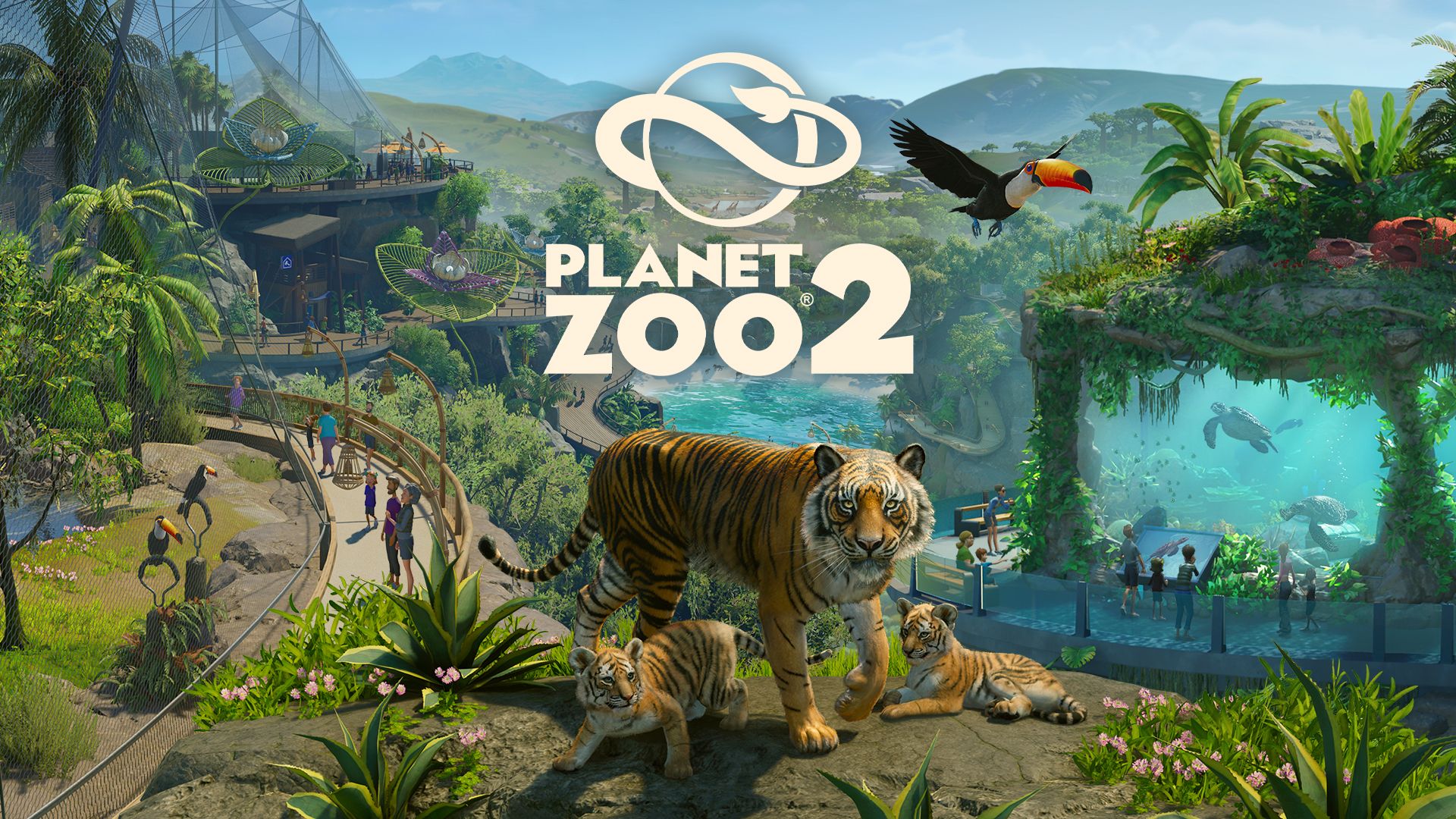 Planet Zoo 2 key art combines tigers, birds, visitor paths and an aquarium around the game logo.