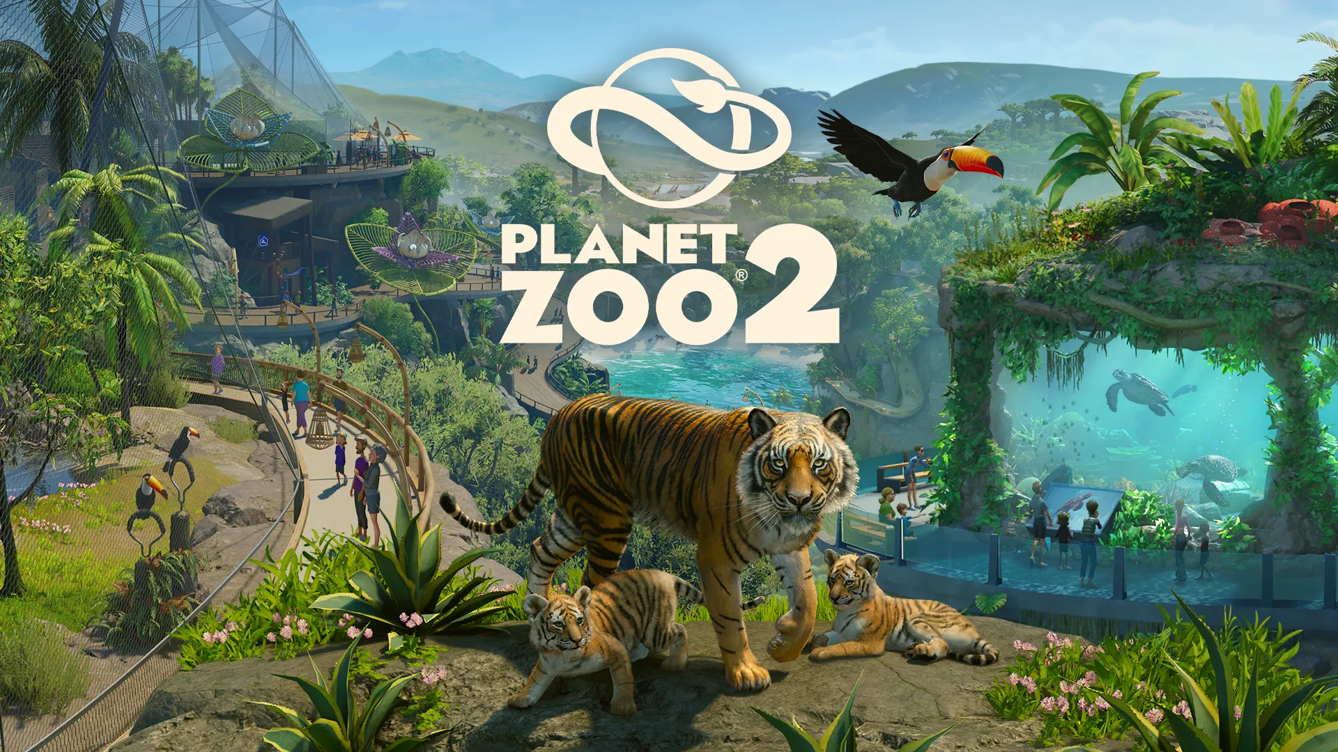 Planet Zoo 2 key art combines tigers, birds, visitor paths and an aquarium around the game logo.