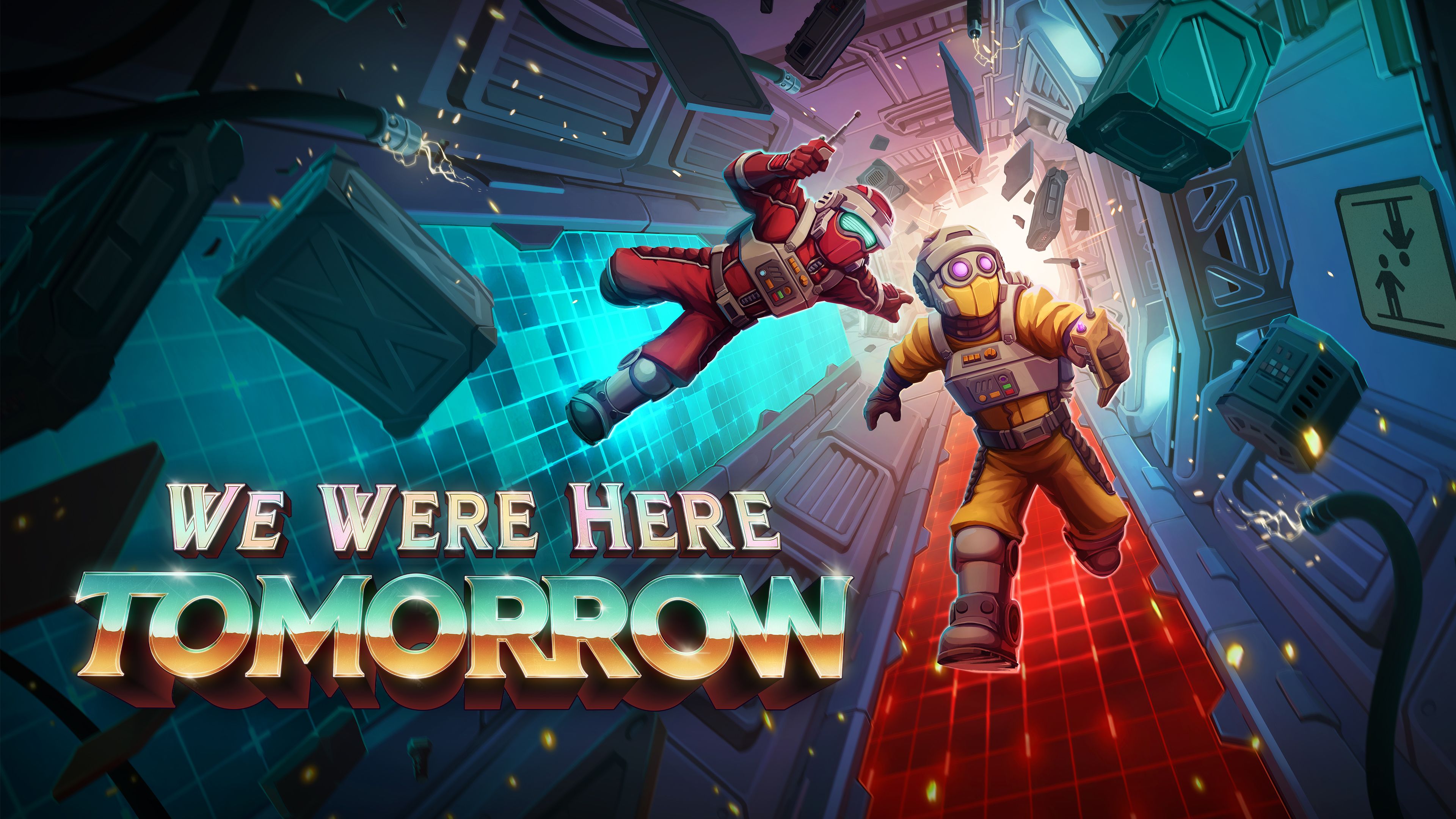Two explorers float in a retro-futuristic shaft in We Were Here Tomorrow key art.