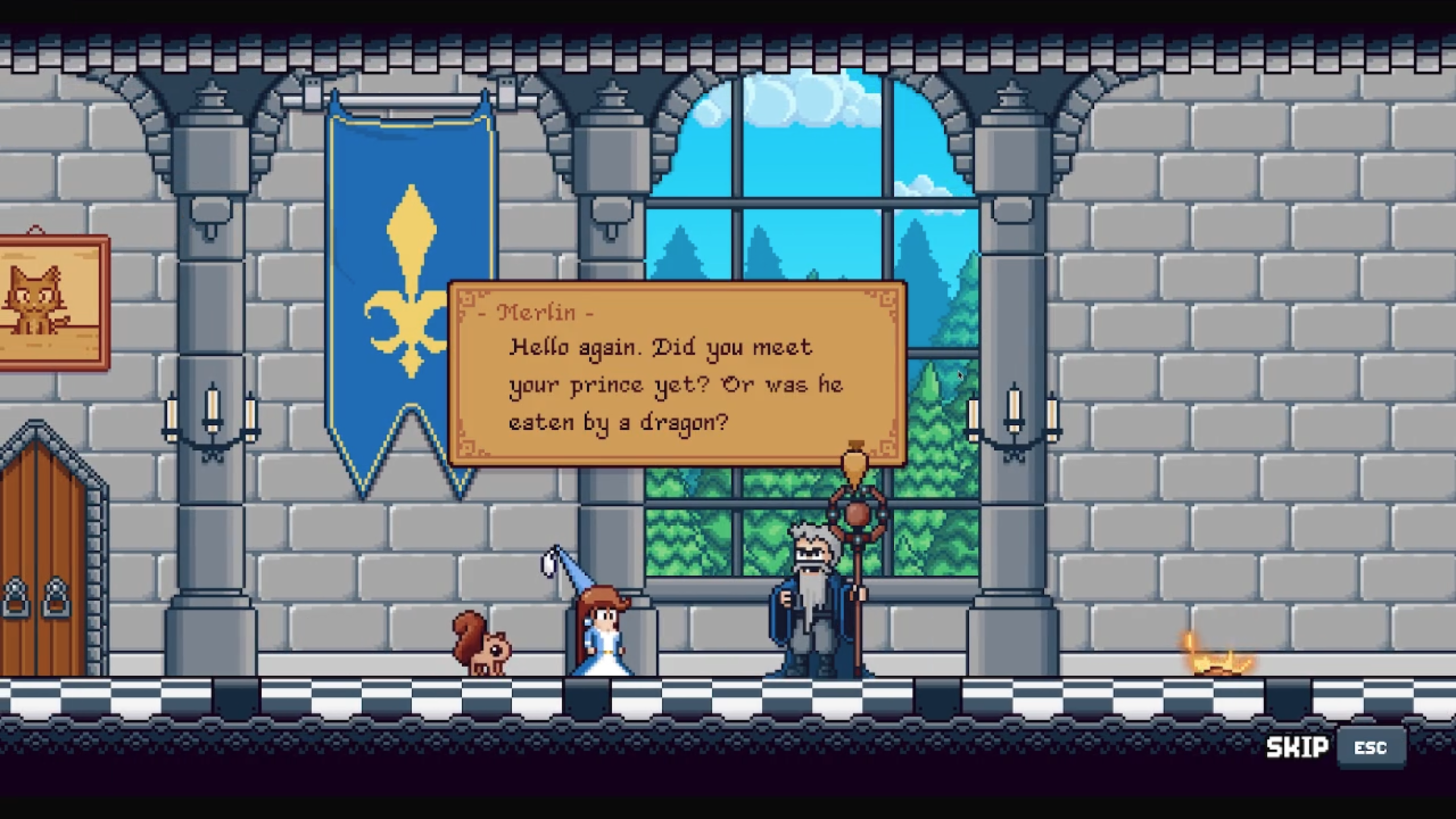 Merlin speaks with the princess and a small familiar beside a castle window.