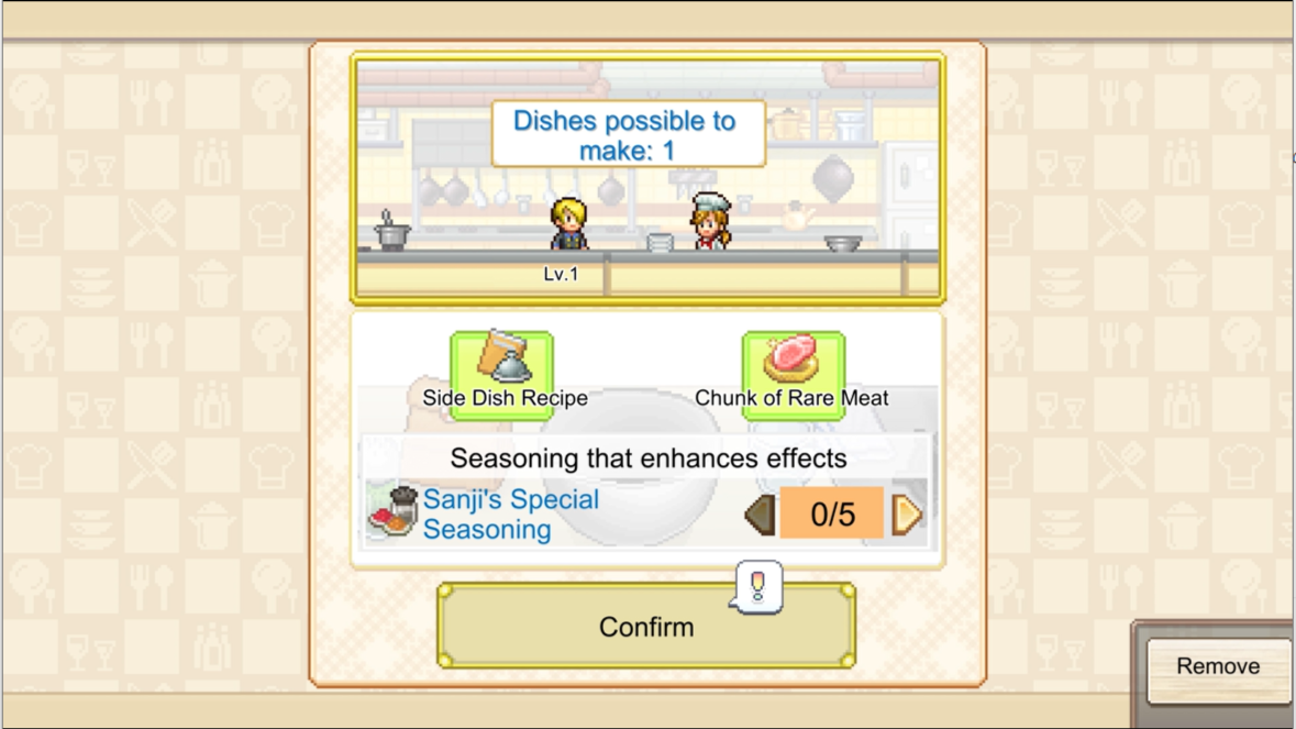 Sanji and a staff member appear above a recipe menu with meat and a seasoning selector.