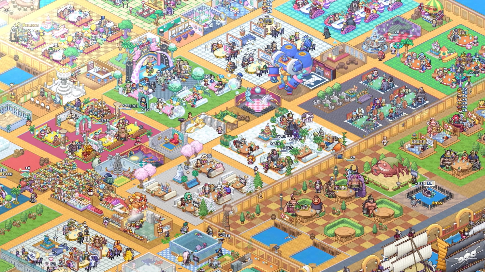 A dense pixel-art restaurant has themed dining areas, customers and decorations.