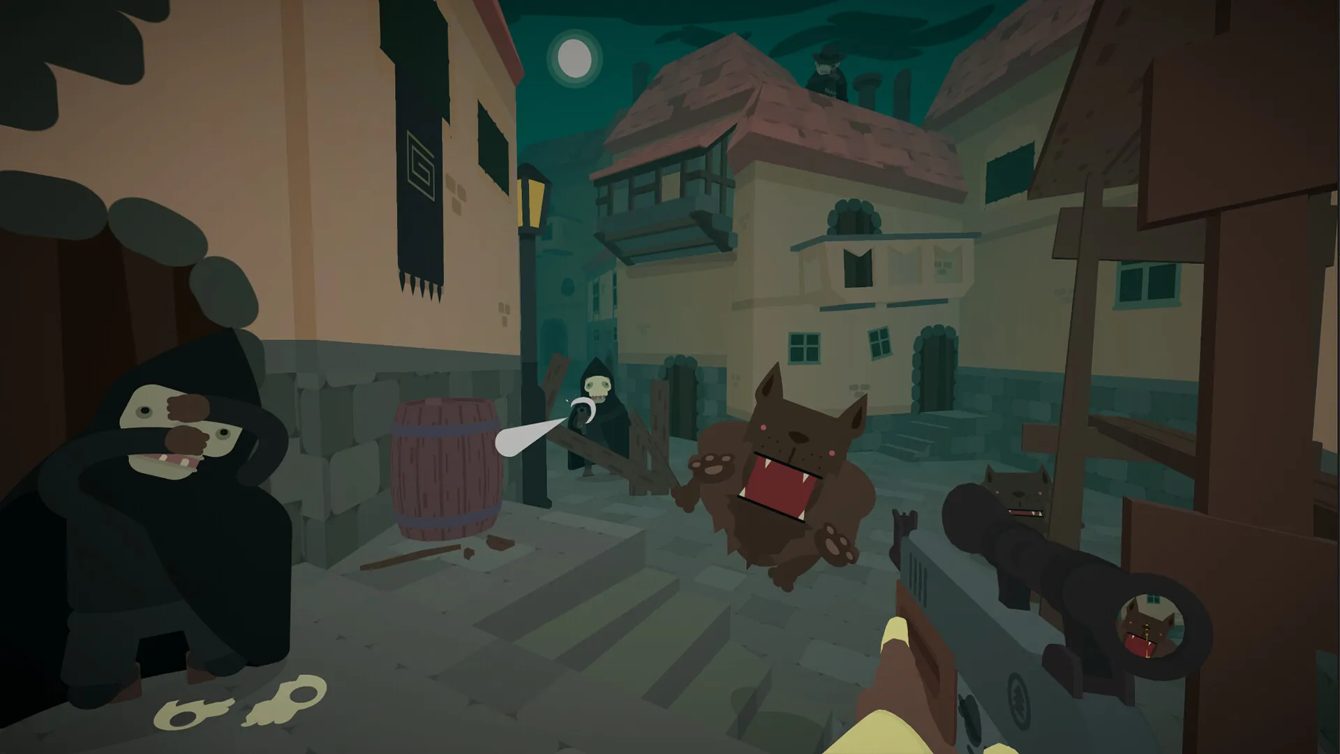 SULFUR first-person street combat with hooded enemies and a leaping creature.