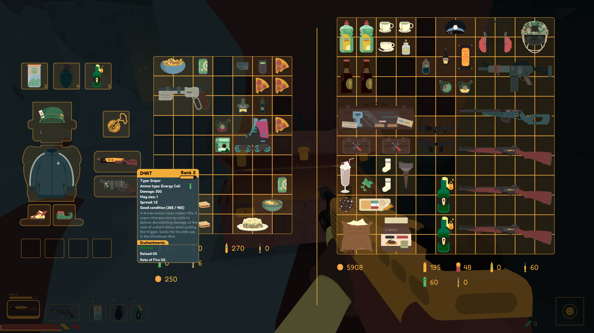 SULFUR inventory grids with weapons, food, equipment and a weapon tooltip.
