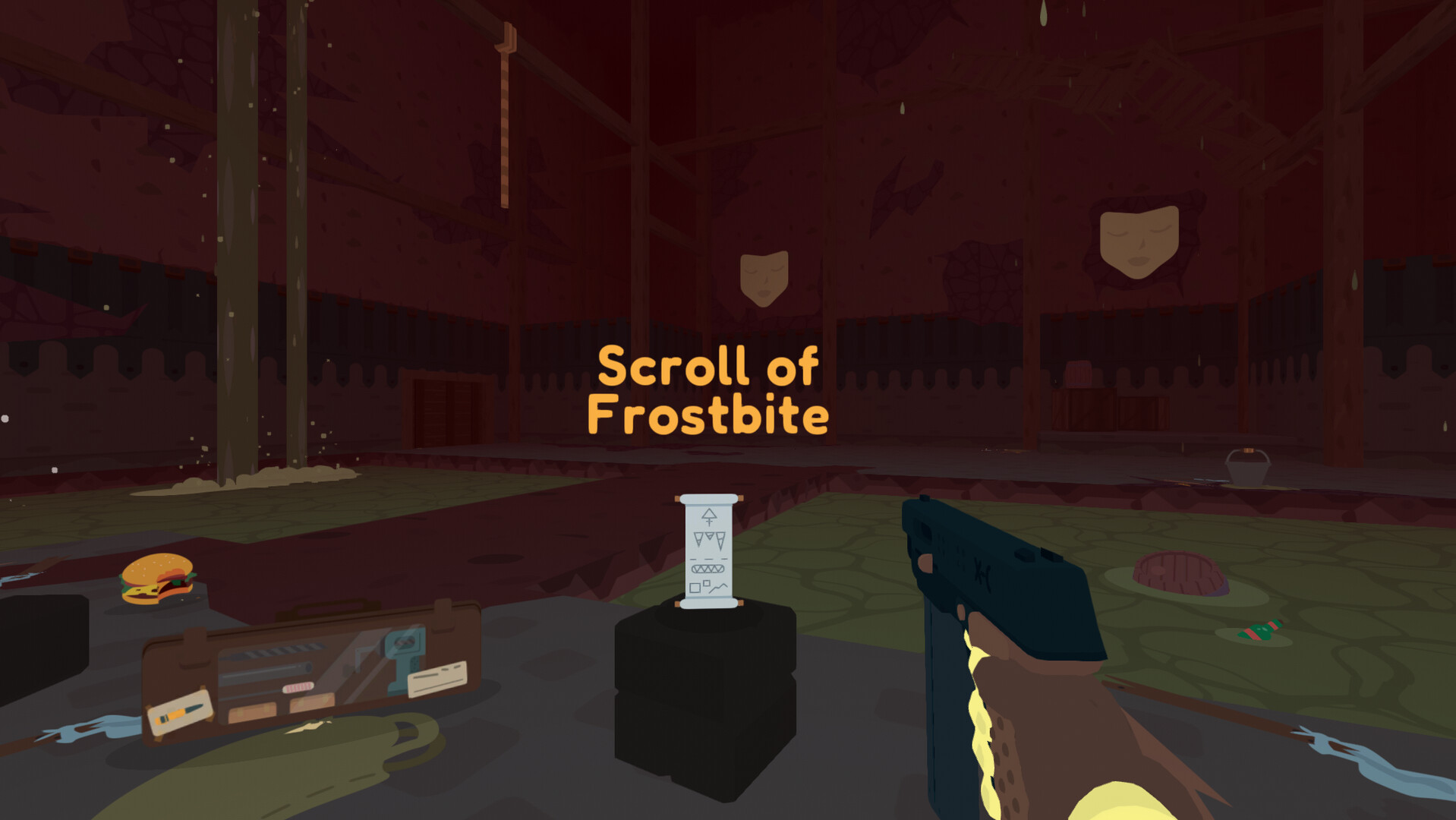 A Scroll of Frostbite pickup displayed beside weapons in SULFUR.