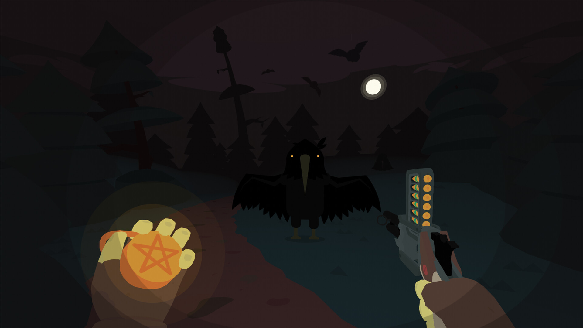 SULFUR forest scene with a black bird-like enemy, a glowing amulet and a firearm.
