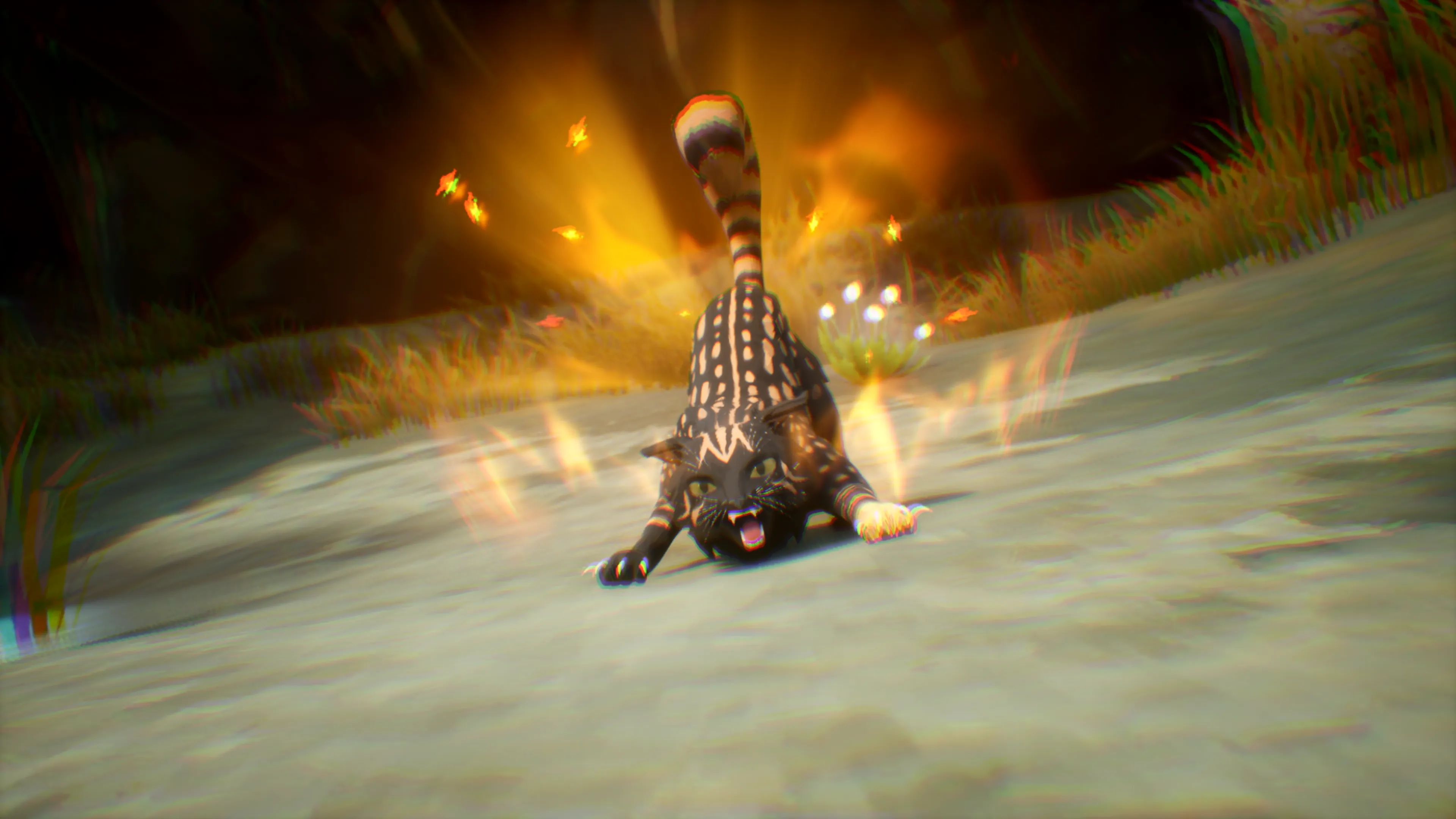 A spotted cat crouches amid golden visual effects.