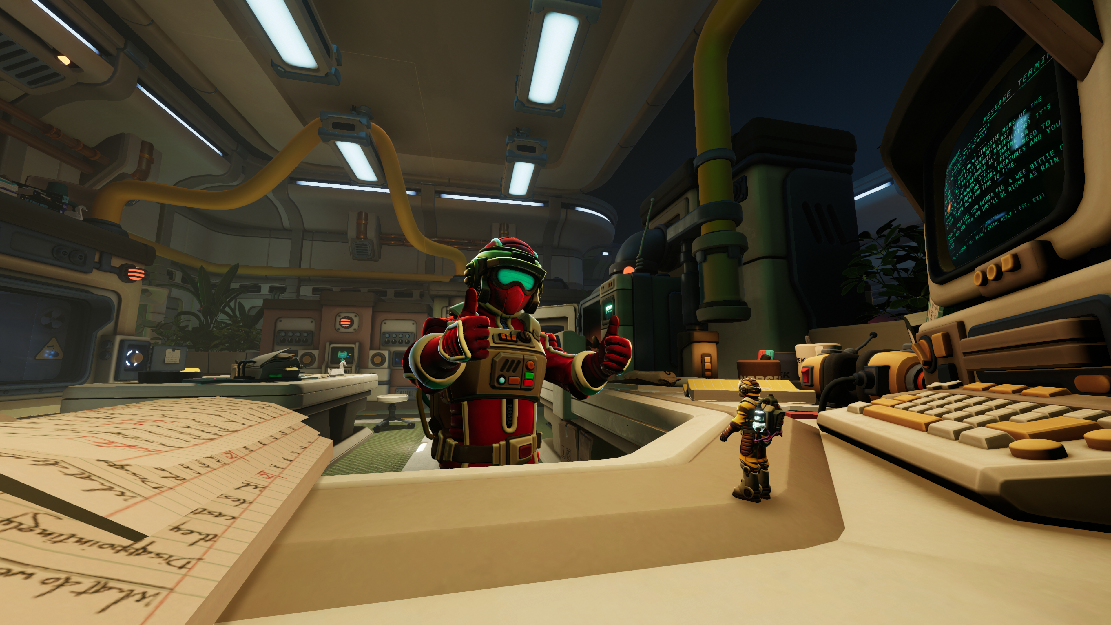 A large red explorer and a tiny yellow partner stand by a laboratory desk.