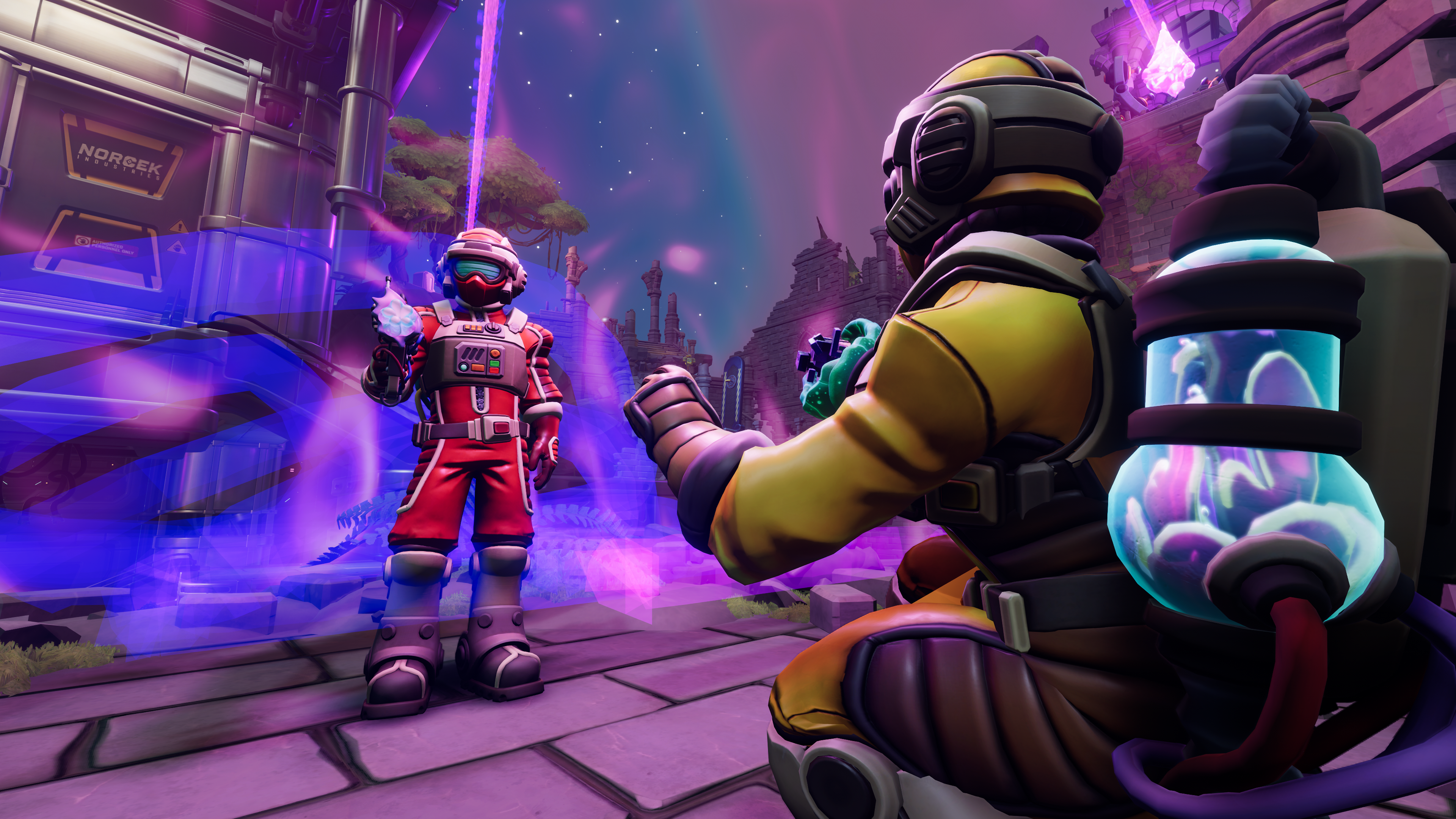 Red and yellow explorers carry different tools in a purple-lit facility.