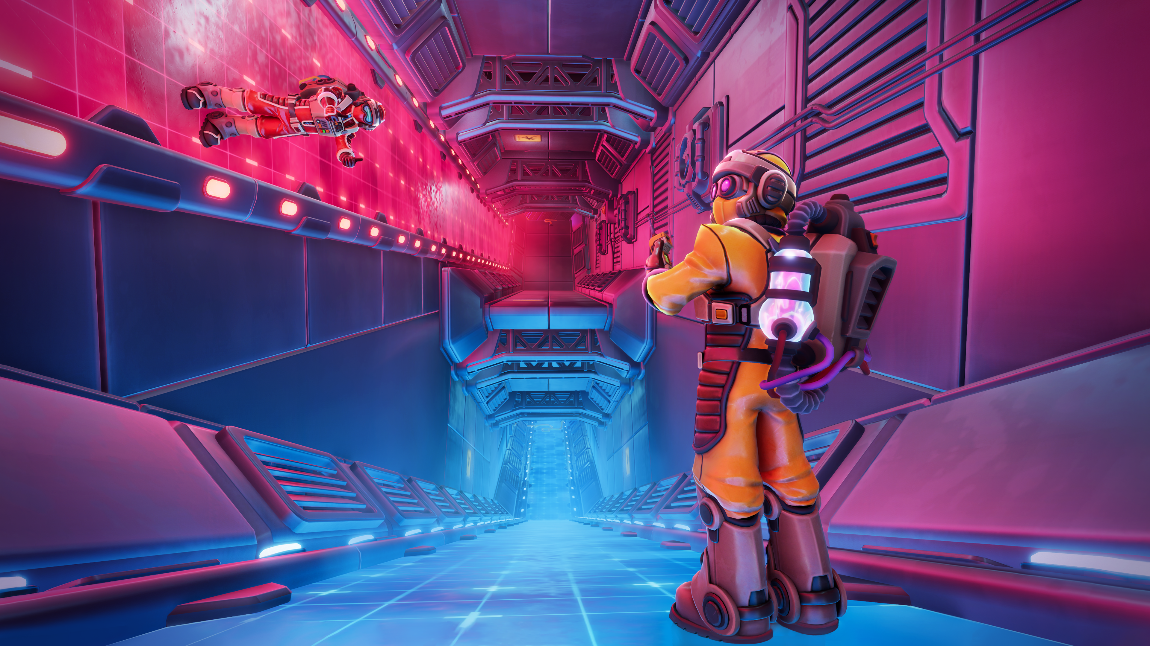 Two explorers face different directions inside a pink and blue shaft.