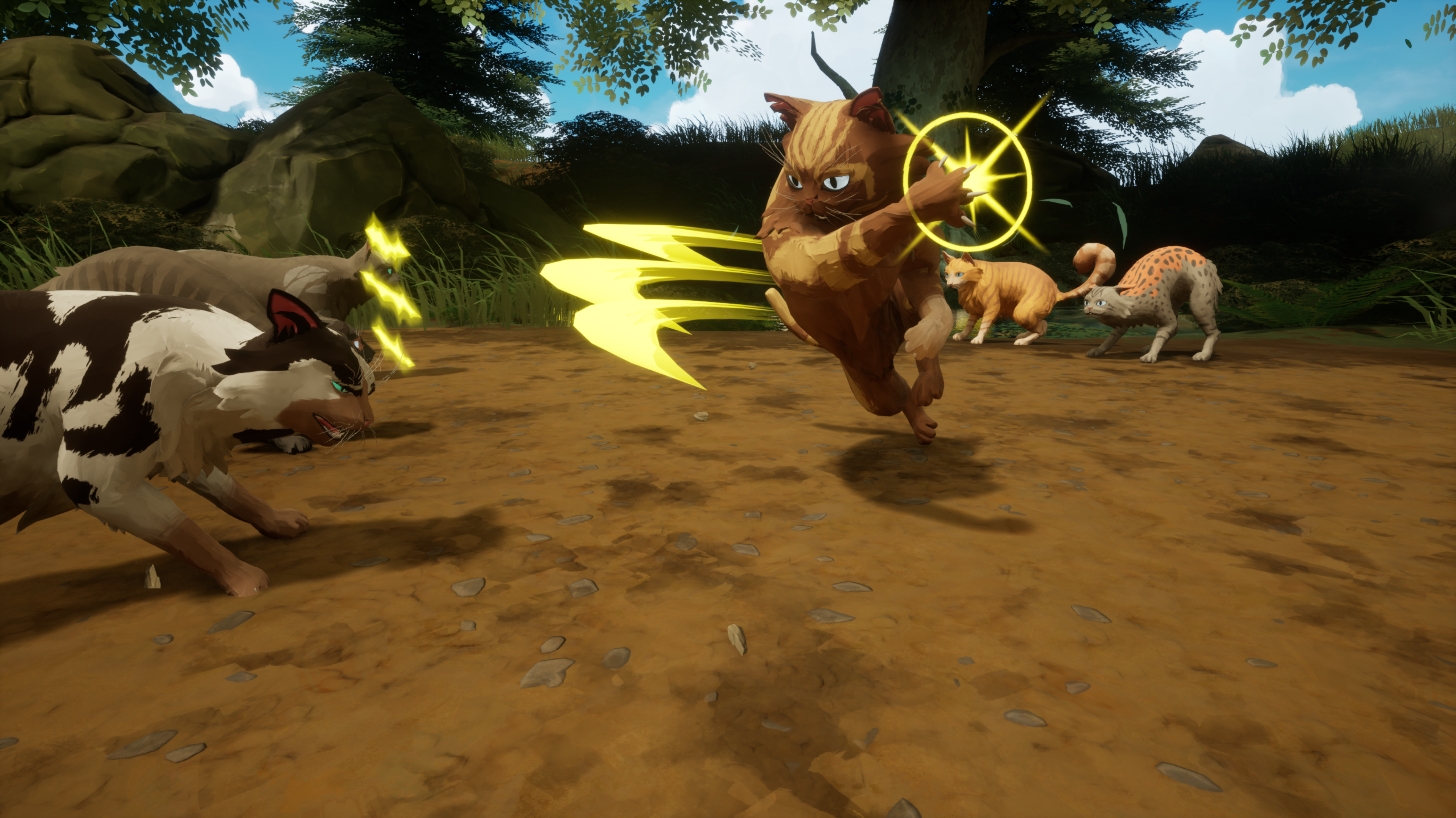 Cats face one another in a forest battle with yellow attack effects.