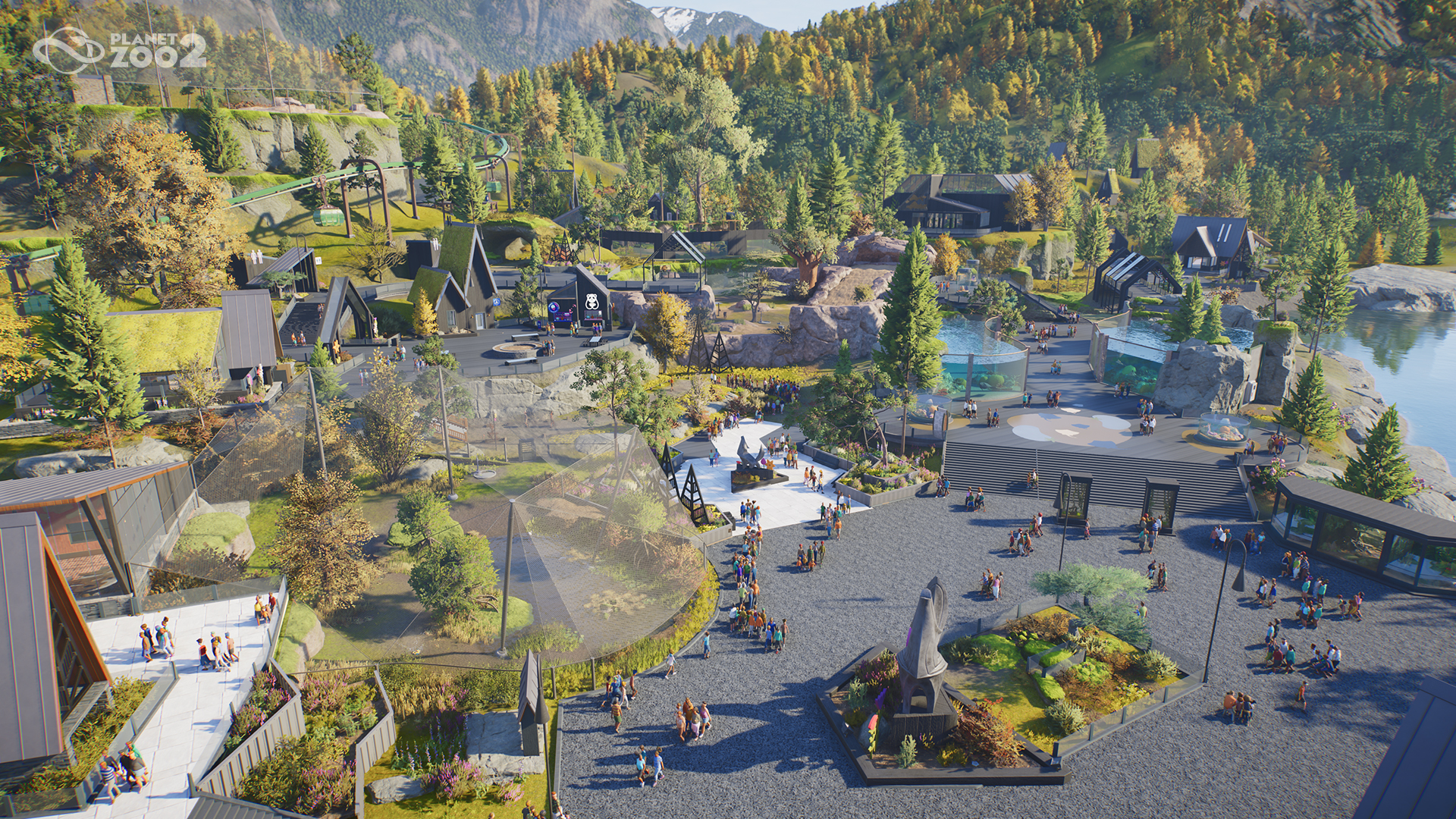 A wide zoo view shows visitors, planted paths, buildings and a mesh enclosure beside water.