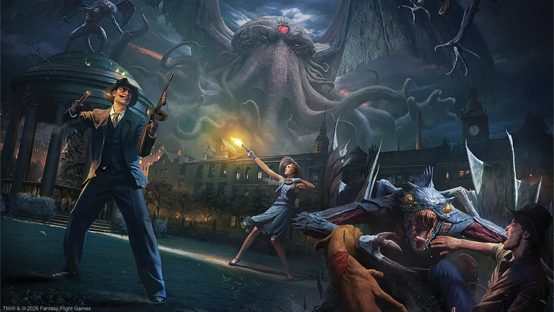 Official Arkham Horror: Remastered artwork showing investigators confronting Cthulhu and monsters in Arkham.